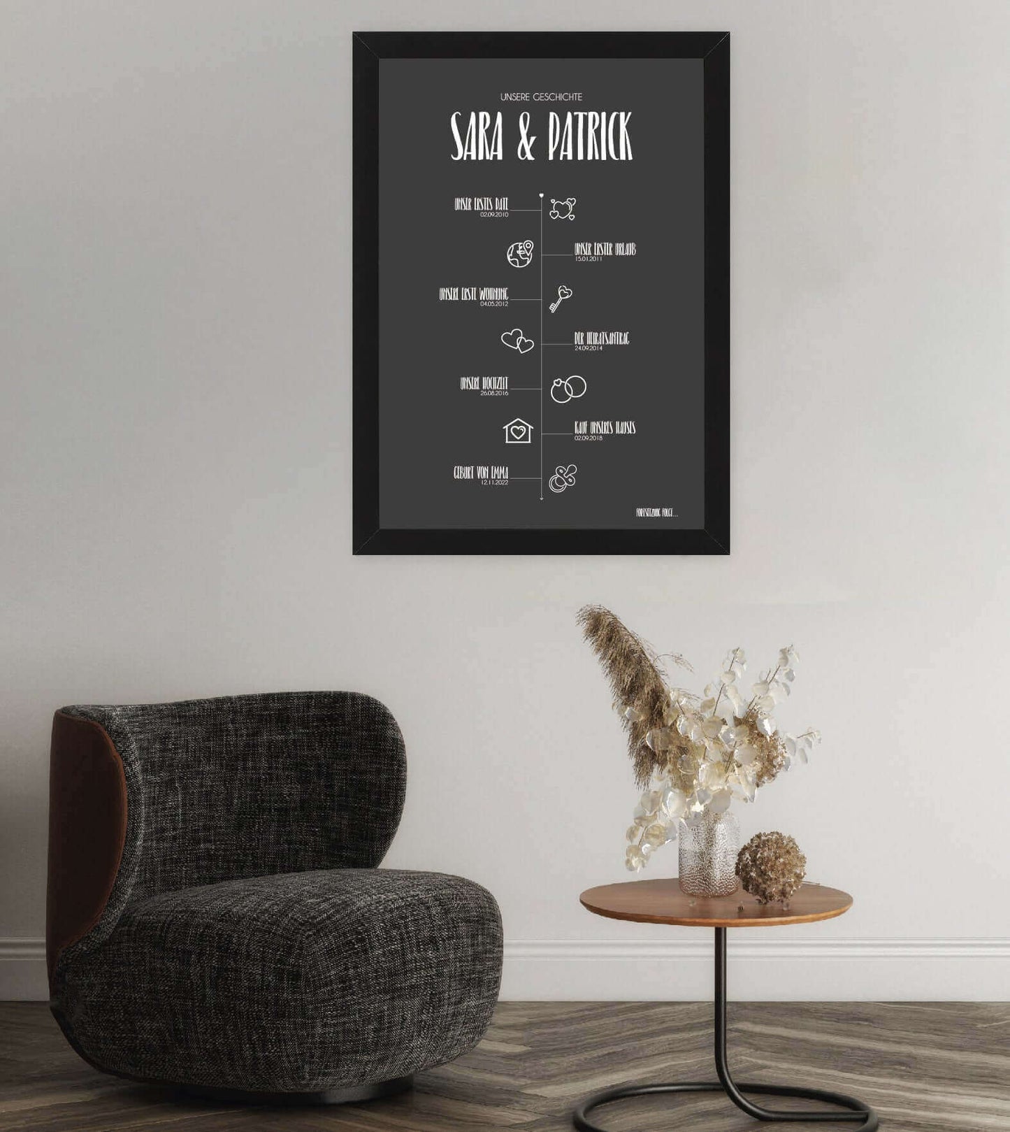 Anwendungsbild_Personalisiertes Bild “TIMELINE” - Unsere Geschichte, Bildfarbe: Anthrazit/Schwarz, Grau, Weiß, Bildgröße: 13x18cm, DIN A4, DIN A3, Bilderrahmen: Ohne Bilderrahmen, Bilderrahmen weiß ohne Passepartout, Bilderrahmen schwarz ohne Passepartout, Bilderrahmen weiß mit Passepartout, Bilderrahmen schwarz mit Passepartout, Copyright:321geschenke.de