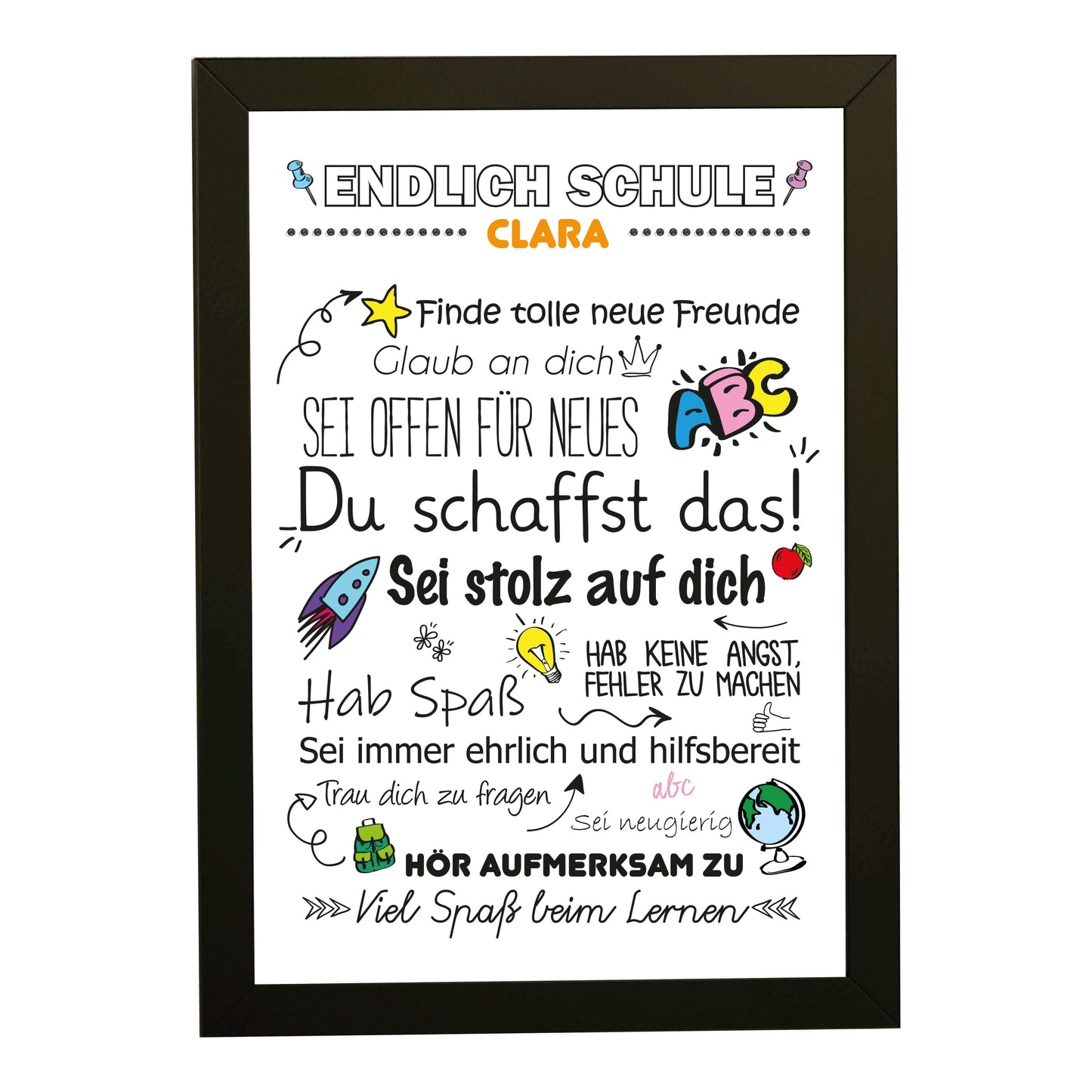 Personalisiertes Poster "Endlich Schule" Motivationssprüche, Bildfarbe: Weiß, Bildgröße: 13x18cm, Bilderrahmen: Bilderrahmen schwarz ohne Passepartout, Copyright: 321geschenke.de