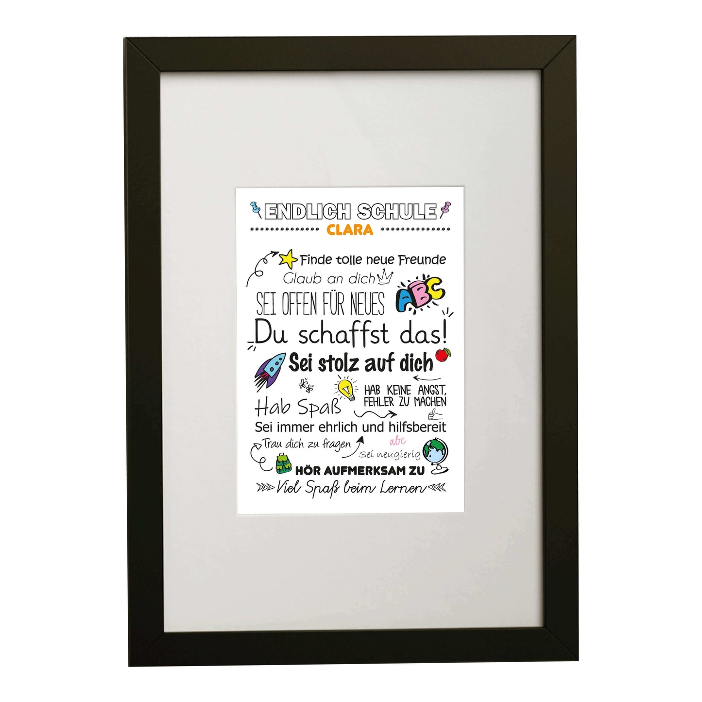 Personalisiertes Poster "Endlich Schule" Motivationssprüche, Bildfarbe: Weiß, Bildgröße: DIN A4, Bilderrahmen: Bilderrahmen schwarz mit Passepartout, Copyright: 321geschenke.de
