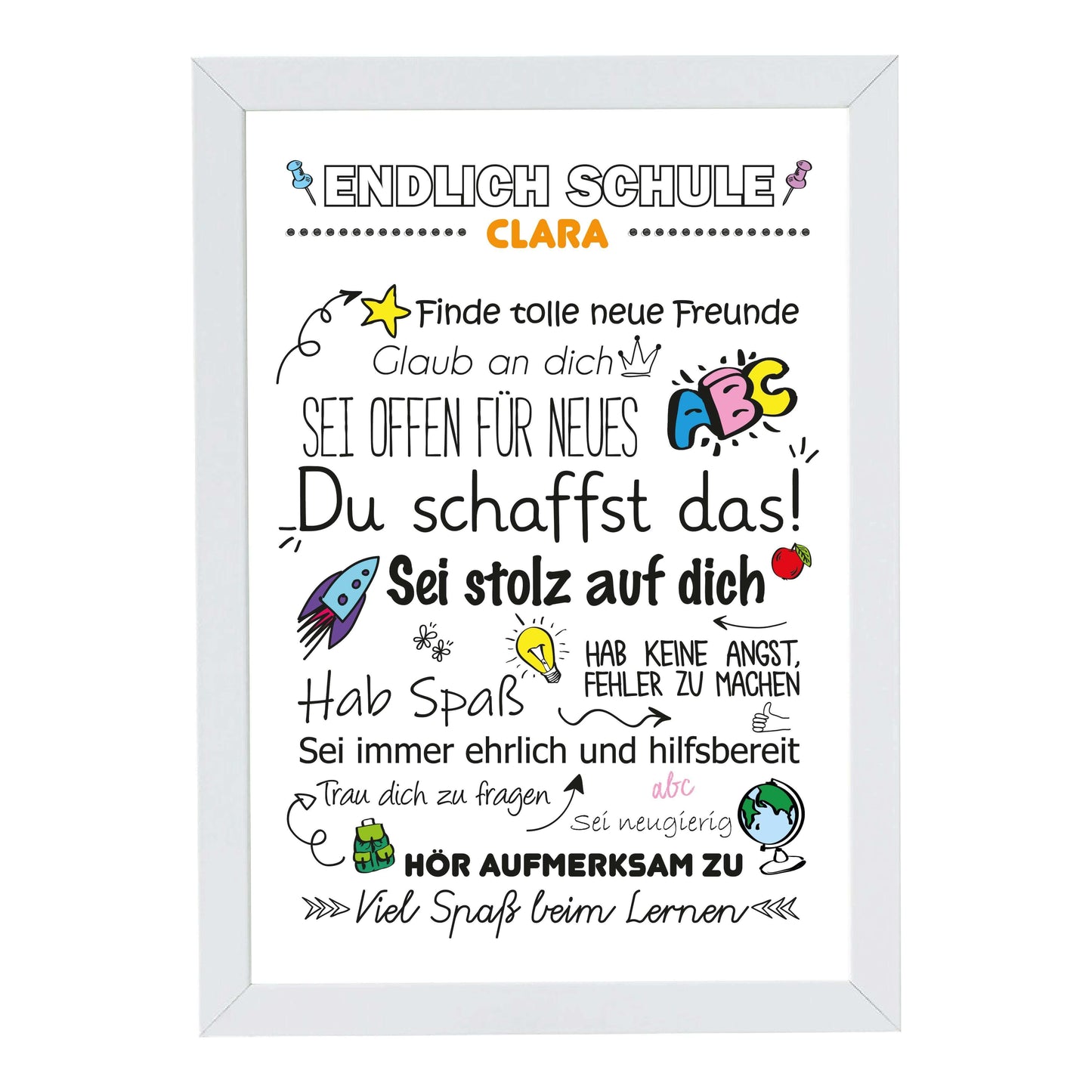 Personalisiertes Poster "Endlich Schule" Motivationssprüche, Bildfarbe: Weiß, Bildgröße: 13x18cm, Bilderrahmen: Ohne Bilderrahmen, Copyright: 321geschenke.de