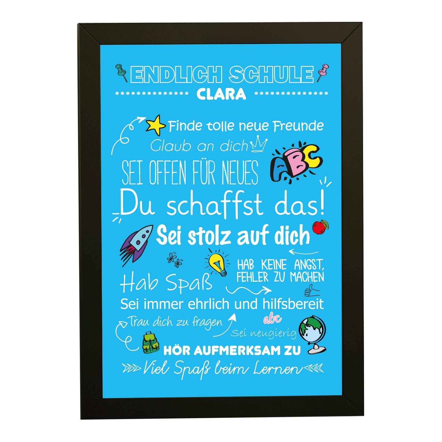 Personalisiertes Poster "Endlich Schule" Motivationssprüche, Bildfarbe: Blau, Bildgröße: 13x18cm, Bilderrahmen: Bilderrahmen schwarz ohne Passepartout, Copyright: 321geschenke.de
