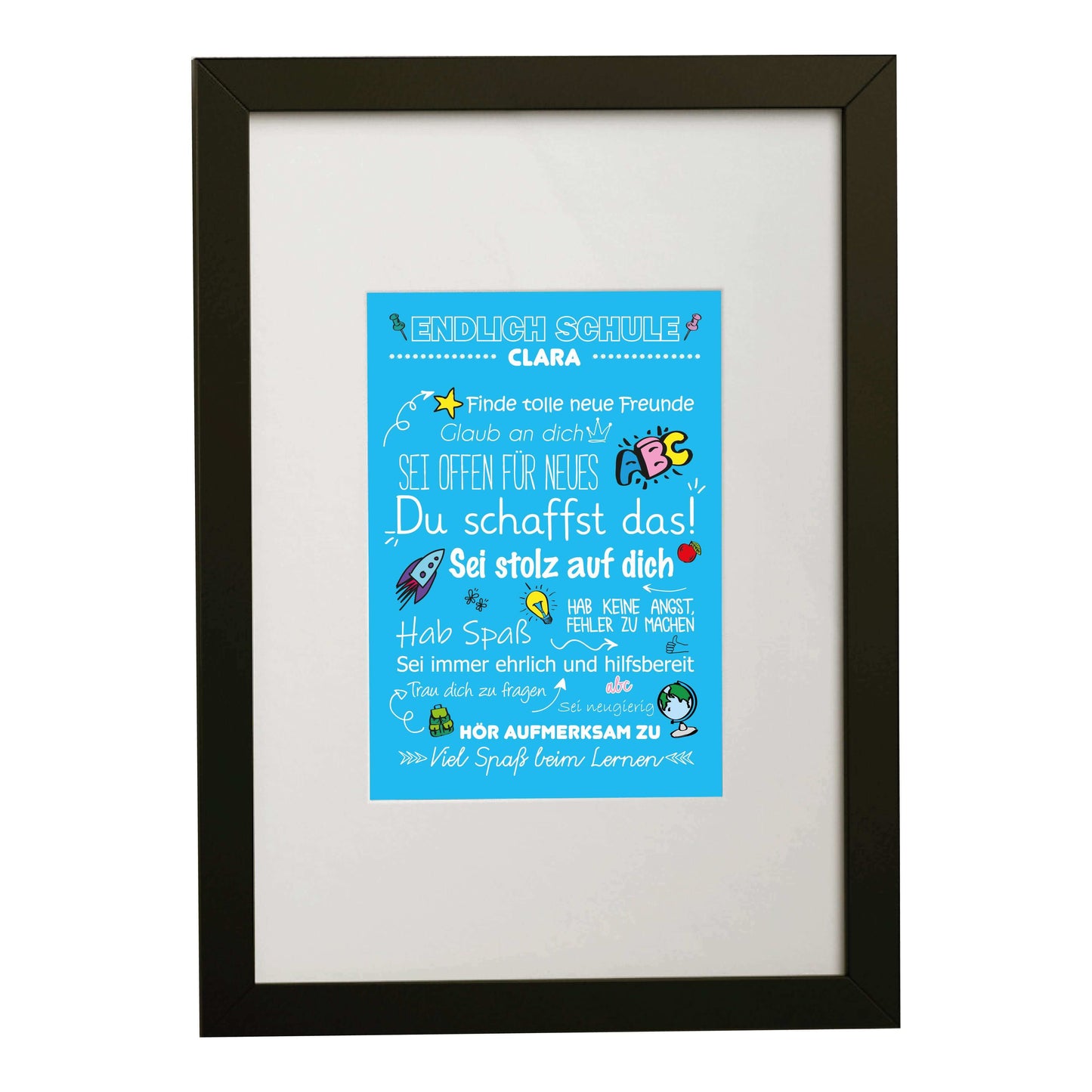 Personalisiertes Poster "Endlich Schule" Motivationssprüche, Bildfarbe: Blau, Bildgröße: DIN A4, Bilderrahmen: Bilderrahmen schwarz mit Passepartout, Copyright: 321geschenke.de