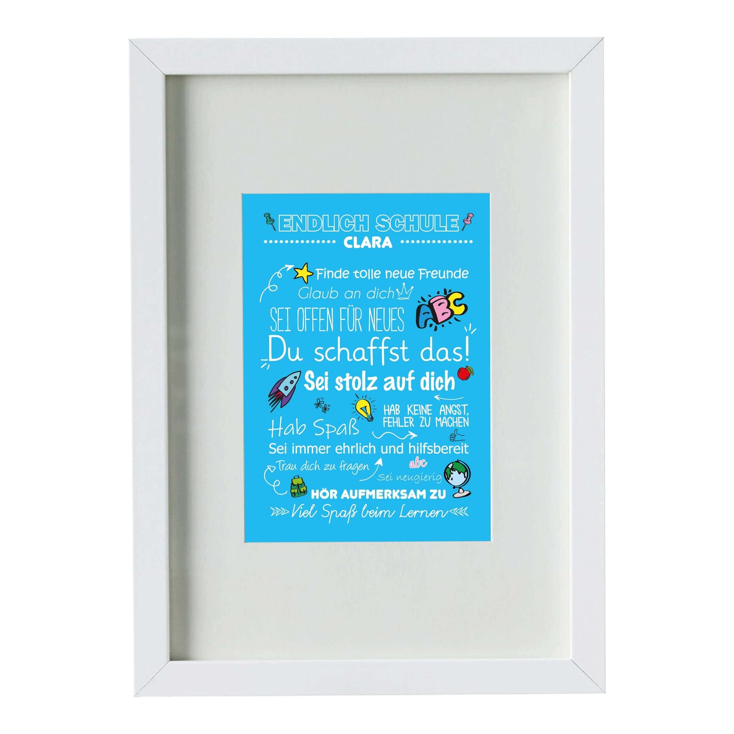 Personalisiertes Poster "Endlich Schule" Motivationssprüche, Bildfarbe: Blau, Bildgröße: DIN A4, Bilderrahmen: Bilderrahmen weiß mit Passepartout, Copyright: 321geschenke.de