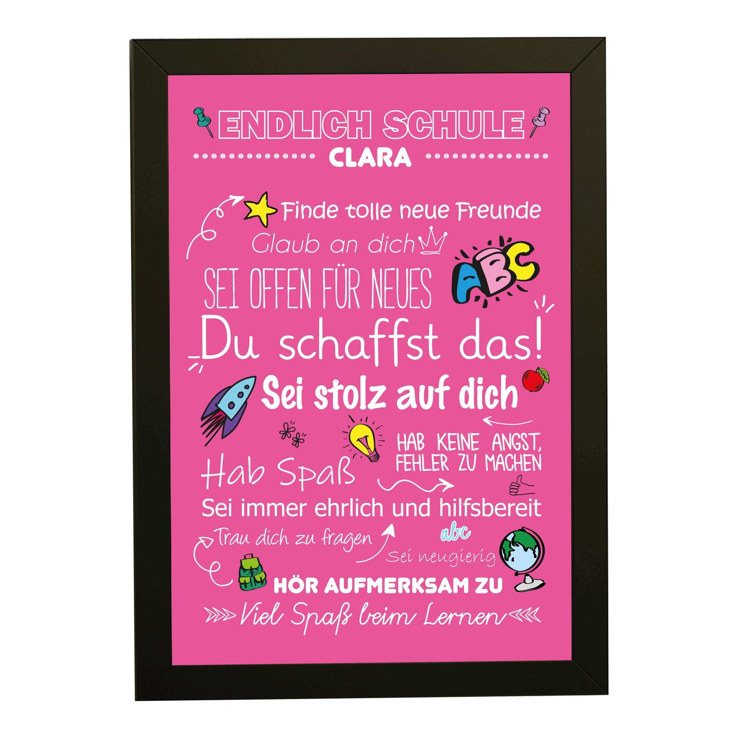 Personalisiertes Poster "Endlich Schule" Motivationssprüche, Bildfarbe: Pink, Bildgröße: 13x18cm, Bilderrahmen: Bilderrahmen schwarz ohne Passepartout, Copyright: 321geschenke.de