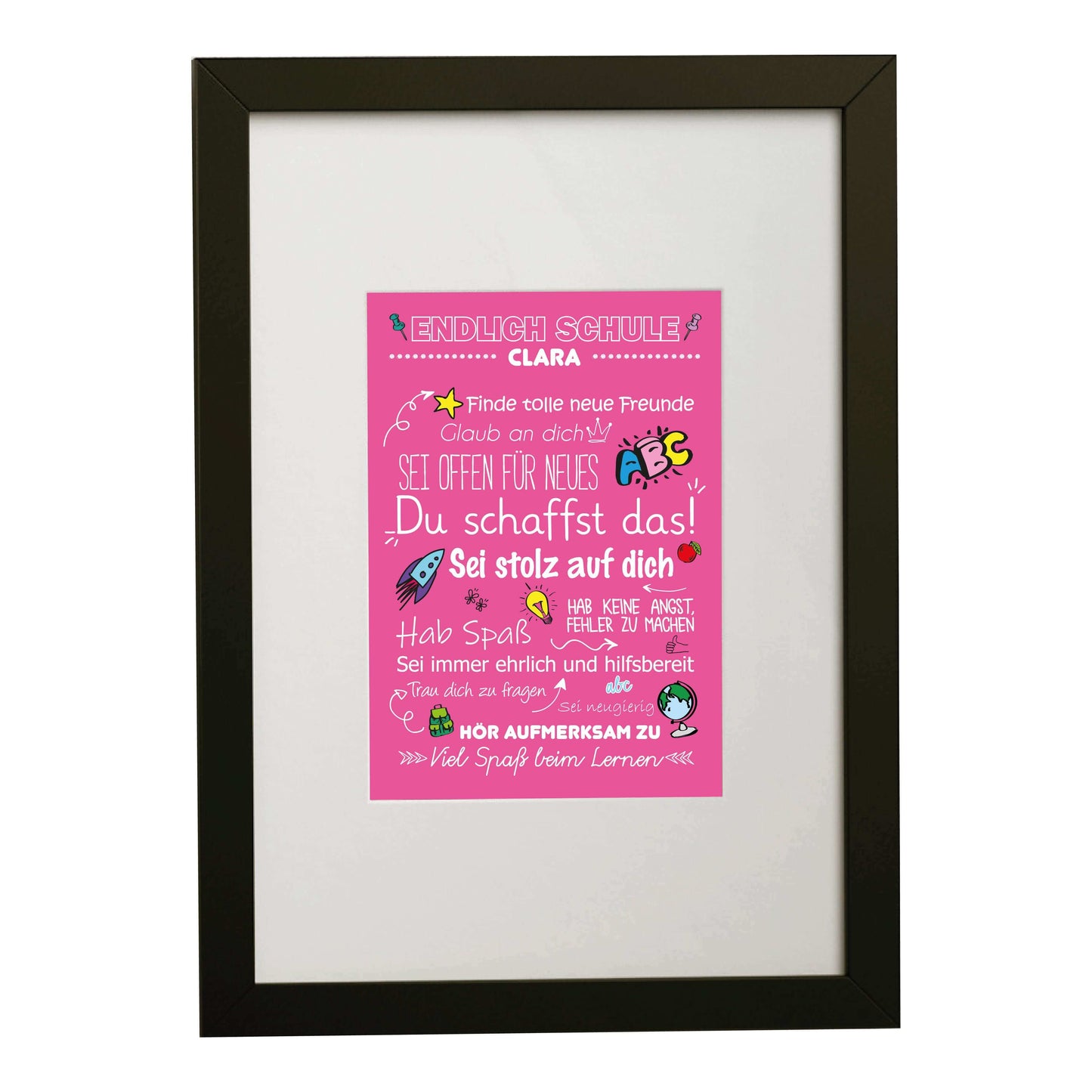 Personalisiertes Poster "Endlich Schule" Motivationssprüche, Bildfarbe: Pink, Bildgröße: DIN A4, Bilderrahmen: Bilderrahmen schwarz mit Passepartout, Copyright: 321geschenke.de