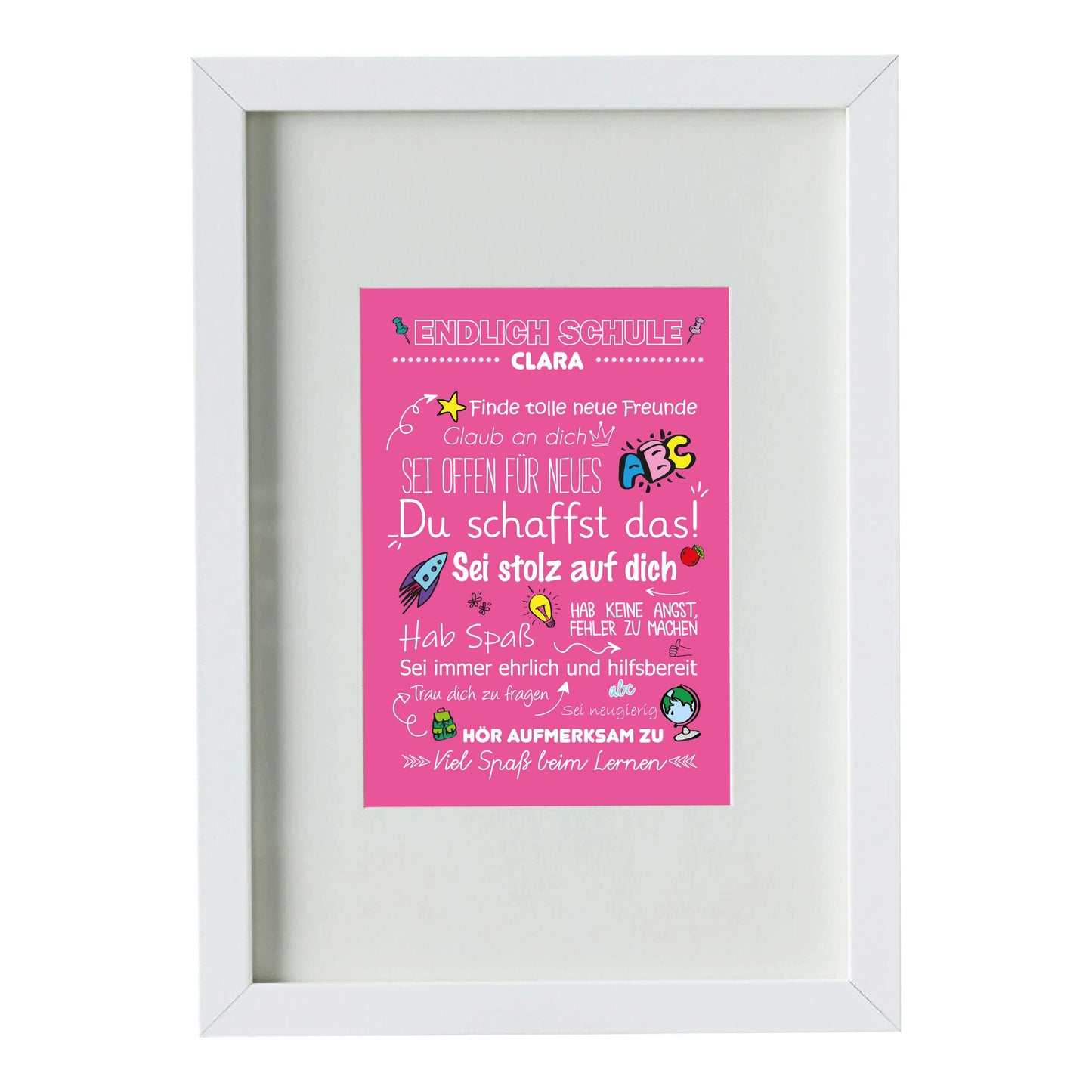 Personalisiertes Poster "Endlich Schule" Motivationssprüche, Bildfarbe: Pink, Bildgröße: DIN A4, Bilderrahmen: Bilderrahmen weiß mit Passepartout, Copyright: 321geschenke.de