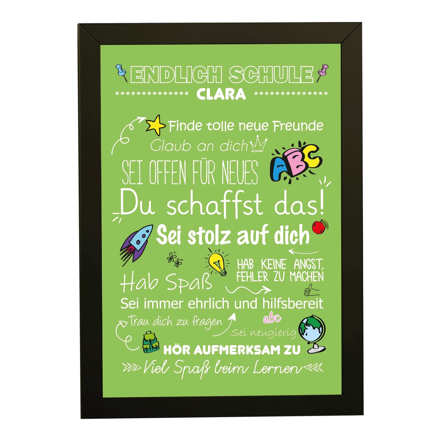 Personalisiertes Poster "Endlich Schule" Motivationssprüche, Bildfarbe: Grün, Bildgröße: 13x18cm, Bilderrahmen: Bilderrahmen schwarz ohne Passepartout, Copyright: 321geschenke.de