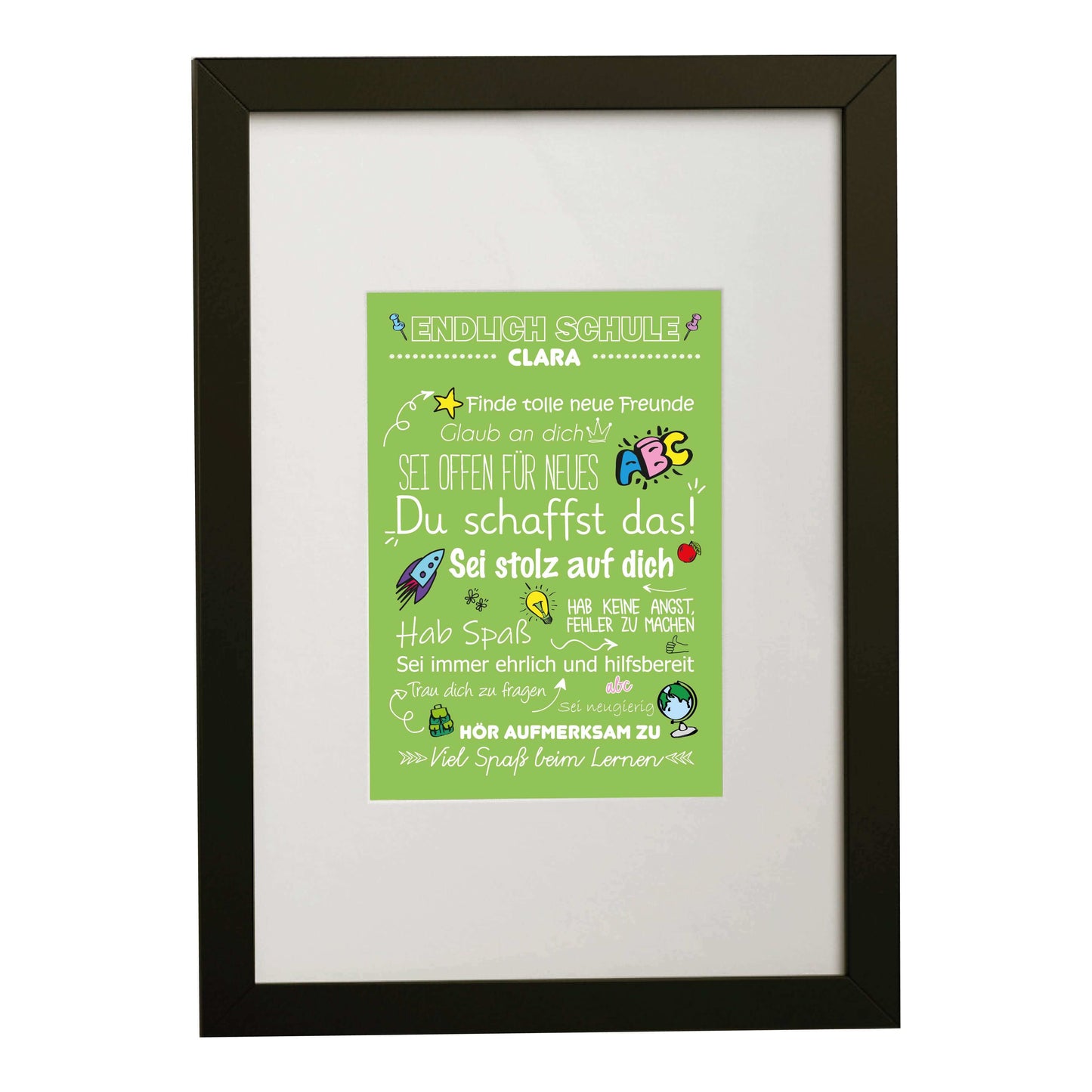 Personalisiertes Poster "Endlich Schule" Motivationssprüche, Bildfarbe: Grün, Bildgröße: DIN A4, Bilderrahmen: Bilderrahmen schwarz mit Passepartout, Copyright: 321geschenke.de