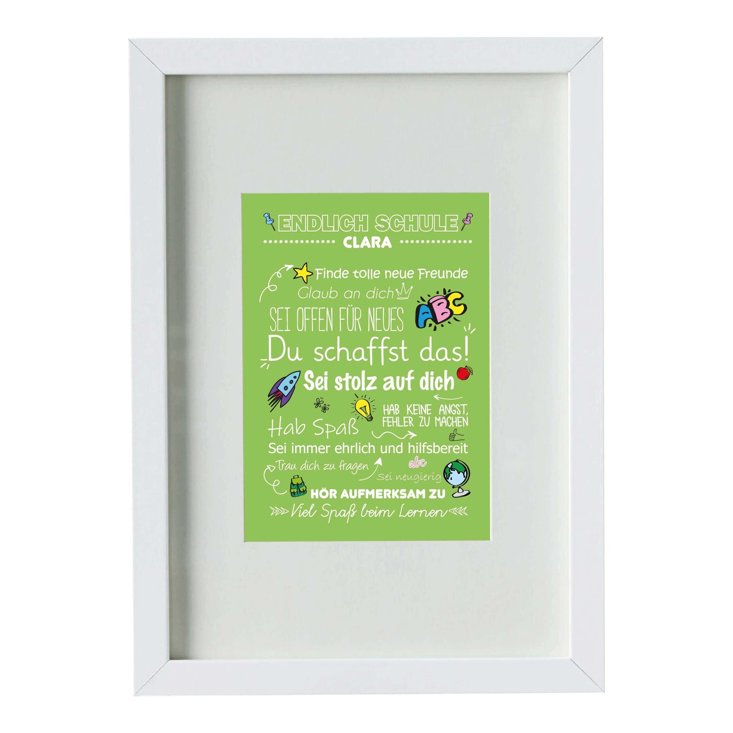 Personalisiertes Poster "Endlich Schule" Motivationssprüche, Bildfarbe: Grün, Bildgröße: DIN A4, Bilderrahmen: Bilderrahmen weiß mit Passepartout, Copyright: 321geschenke.de