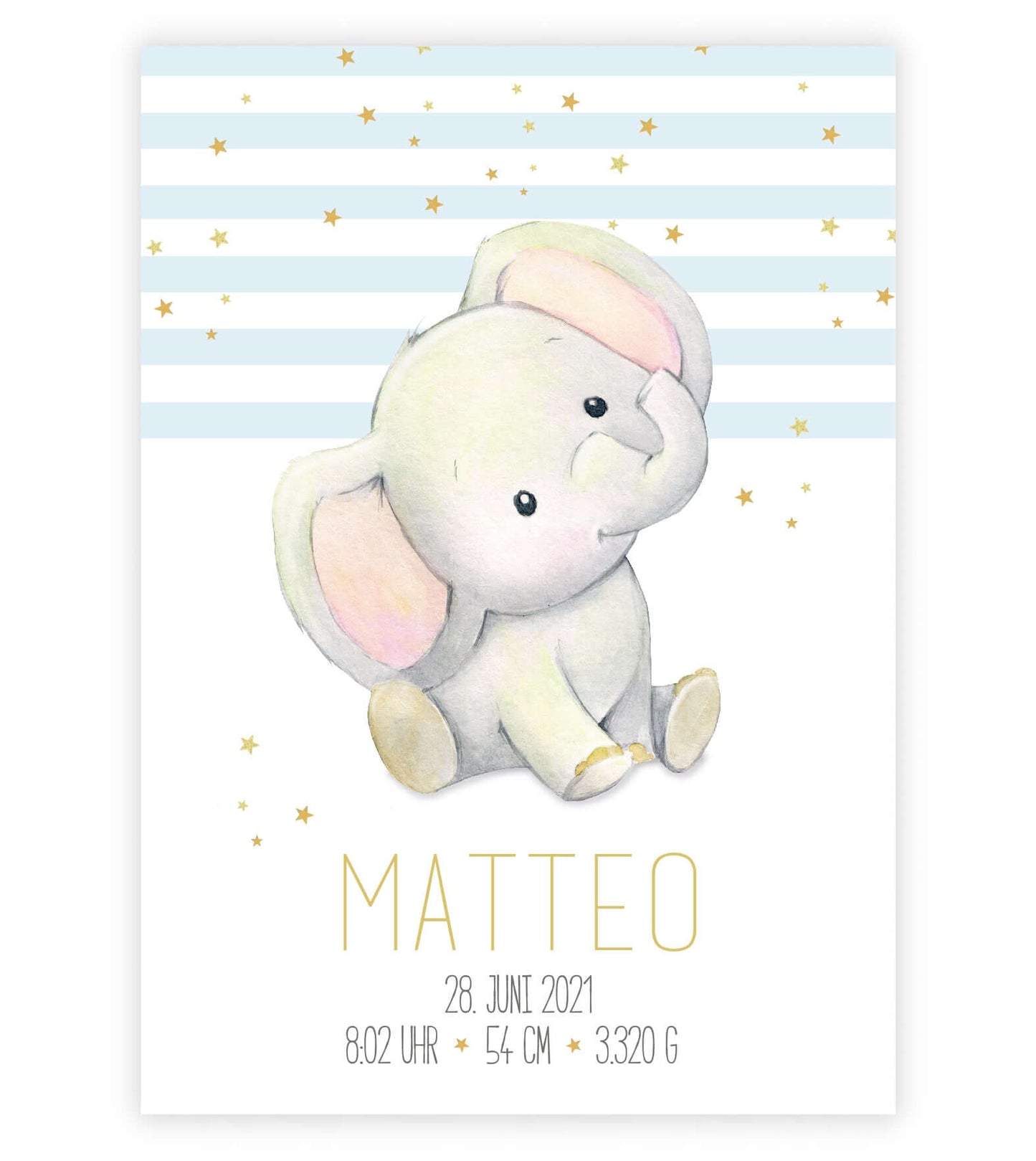 Personalisiertes Geburtsposter “Elefant” 🐘, Bildgröße: 13x18cm, DIN A4, DIN A3, Bilderrahmen: Ohne Bilderrahmen, Bilderrahmen weiß ohne Passepartout, Bilderrahmen schwarz ohne Passepartout, Bilderrahmen weiß mit Passepartout, Bilderrahmen schwarz mit Passepartout, Copyright: 321geschenke.de