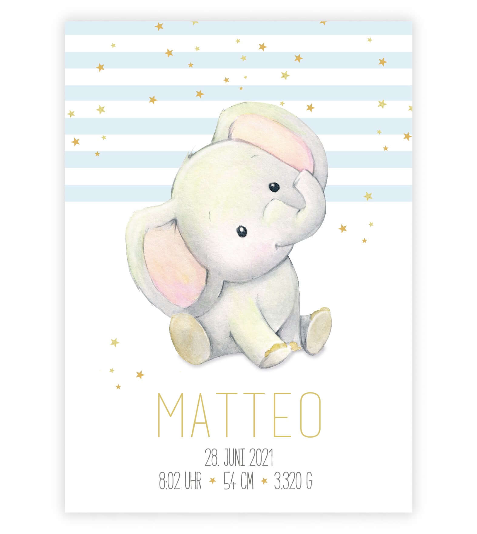 Personalisiertes Geburtsposter “Elefant” 🐘, Bildgröße: 13x18cm, DIN A4, DIN A3, Bilderrahmen: Ohne Bilderrahmen, Bilderrahmen weiß ohne Passepartout, Bilderrahmen schwarz ohne Passepartout, Bilderrahmen weiß mit Passepartout, Bilderrahmen schwarz mit Passepartout, Copyright: 321geschenke.de