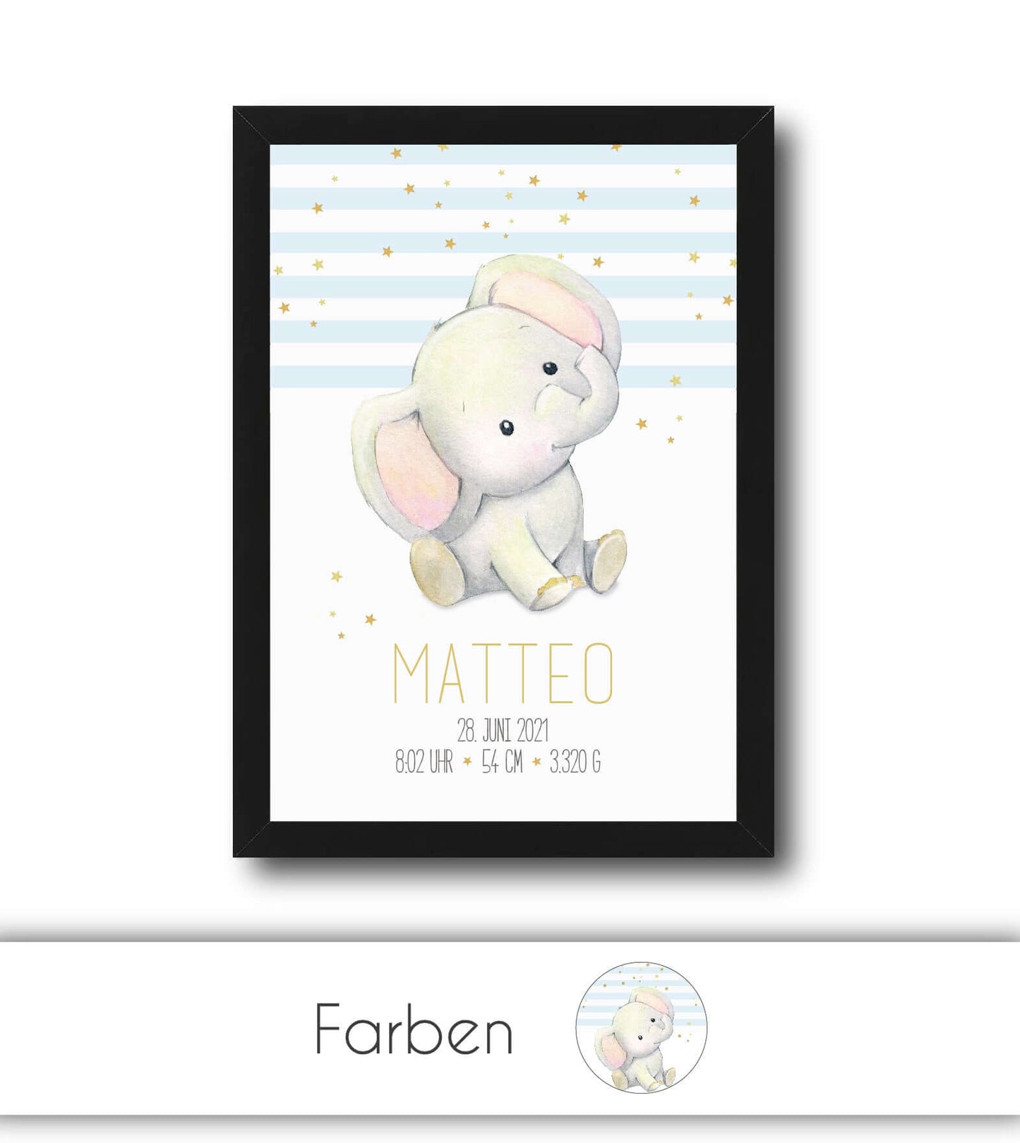 Personalisiertes Geburtsposter “Elefant” 🐘, Bildgröße: 13x18cm, DIN A4, DIN A3, Bilderrahmen: Ohne Bilderrahmen, Bilderrahmen weiß ohne Passepartout, Bilderrahmen schwarz ohne Passepartout, Bilderrahmen weiß mit Passepartout, Bilderrahmen schwarz mit Passepartout, Copyright: 321geschenke.de