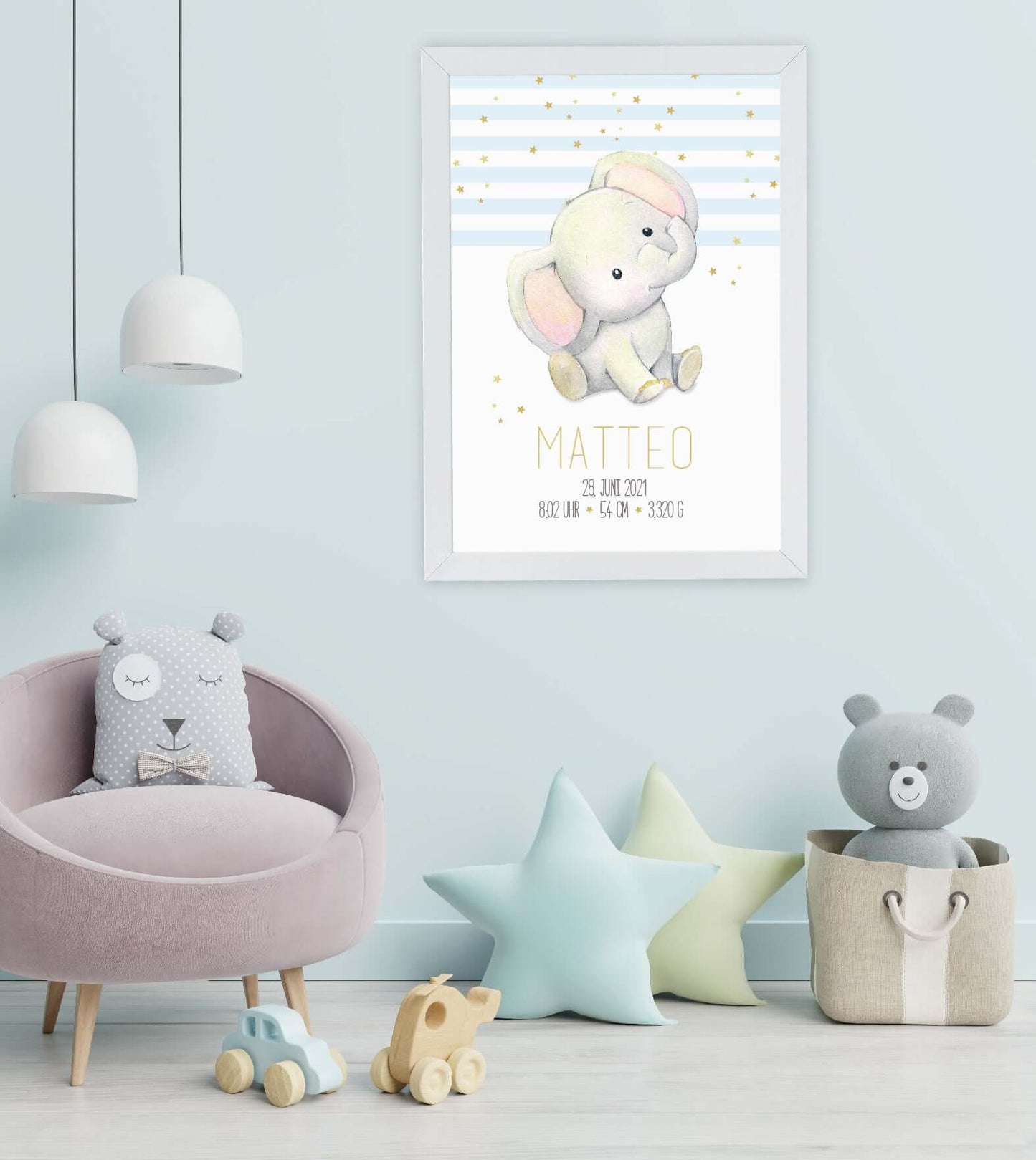 Anwendungsbild_Personalisiertes Geburtsposter “Elefant” 🐘, Bildgröße: 13x18cm, DIN A4, DIN A3, Bilderrahmen: Ohne Bilderrahmen, Bilderrahmen weiß ohne Passepartout, Bilderrahmen schwarz ohne Passepartout, Bilderrahmen weiß mit Passepartout, Bilderrahmen schwarz mit Passepartout, Copyright: 321geschenke.de