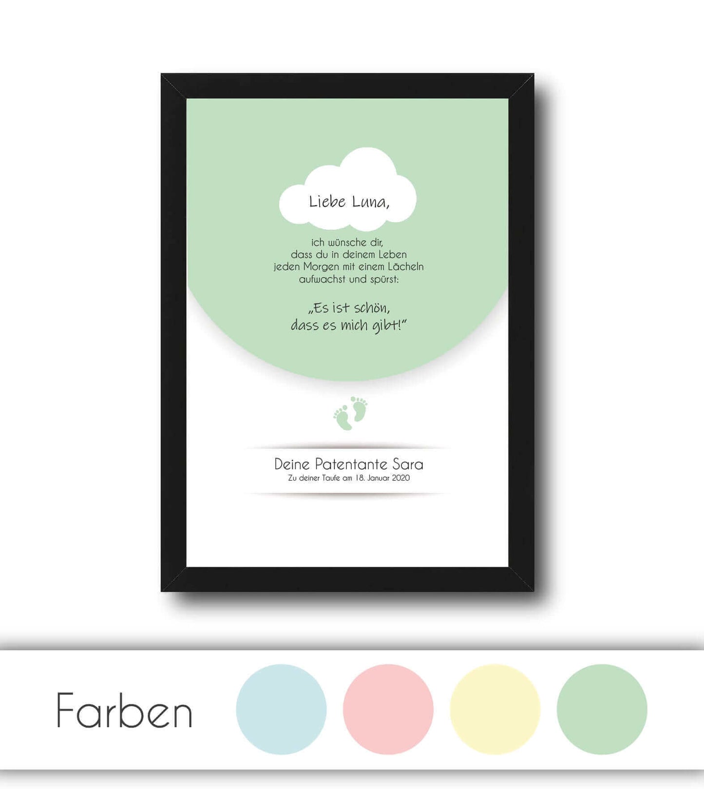 Personalisiertes Bild “Taufspruch”, Bildfarbe: blau, gelb, grün, rosa, Bildgröße: 13x18cm, DIN A4, DIN A3, 25x25cm, Bilderrahmen: Ohne Bilderrahmen, Bilderrahmen weiß ohne Passepartout, Bilderrahmen schwarz ohne Passepartout, Copyright: 321geschenke.de