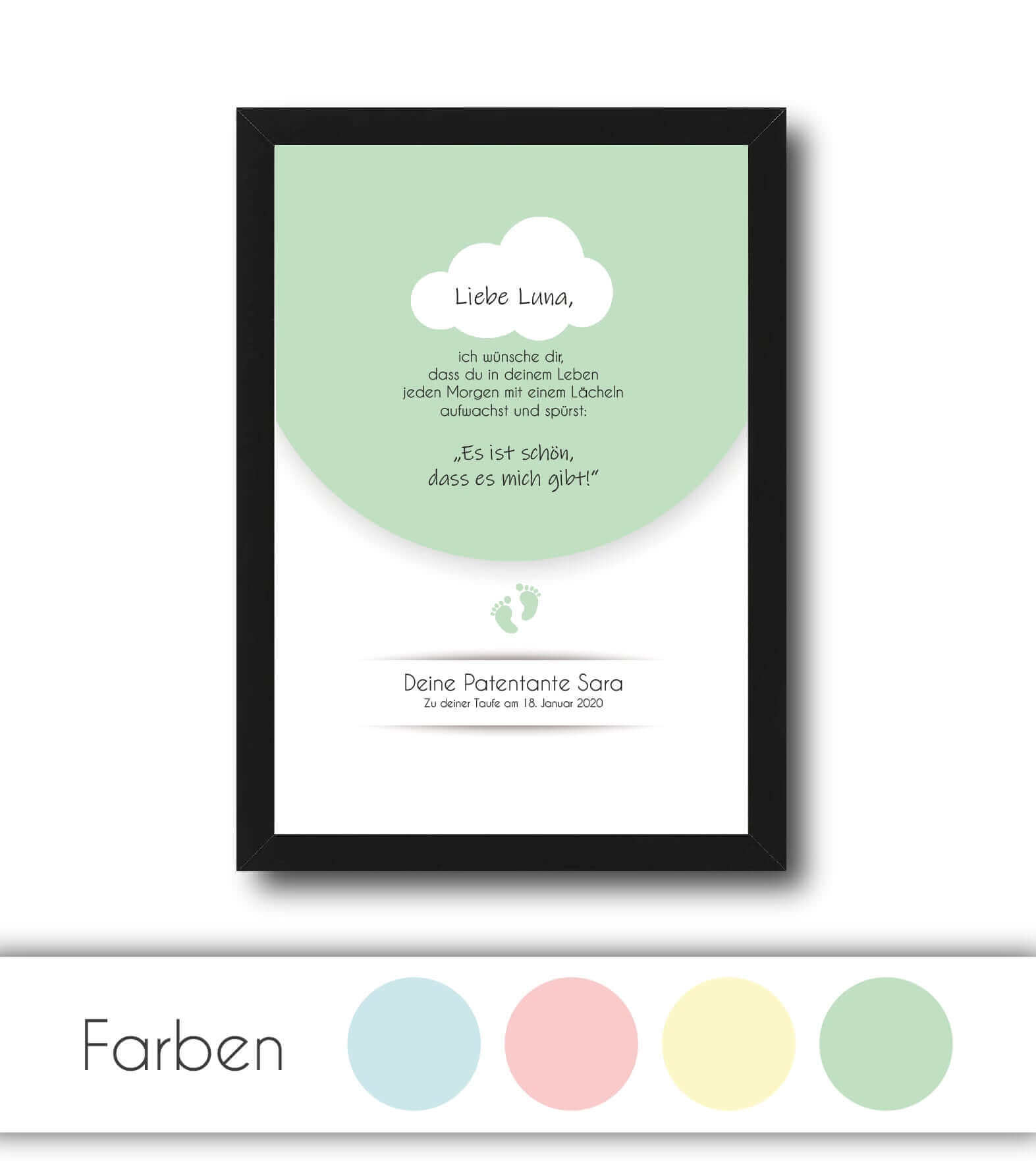 Personalisiertes Bild “Taufspruch”, Bildfarbe: blau, gelb, grün, rosa, Bildgröße: 13x18cm, DIN A4, DIN A3, 25x25cm, Bilderrahmen: Ohne Bilderrahmen, Bilderrahmen weiß ohne Passepartout, Bilderrahmen schwarz ohne Passepartout, Copyright: 321geschenke.de