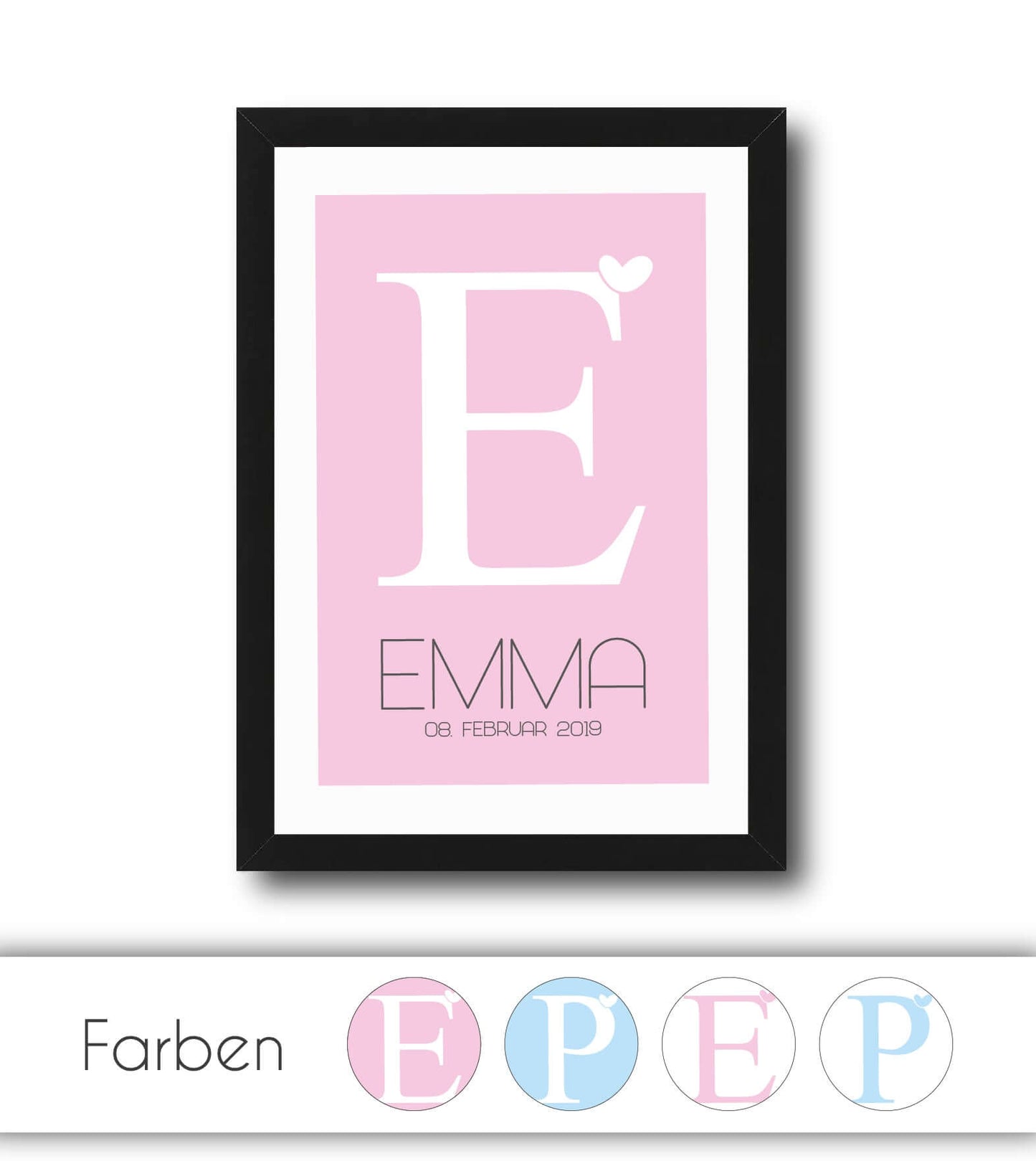 Personalisiertes Geburtsposter mit “Buchstabe und Vornamen”, Bildfarbe: Blau/Weiß, Rosa/Weiß, Weiß/Blau, Weiß/Rosa, Bildgröße: 13x18cm, DIN A4, DIN A3, Bilderrahmen: Ohne Bilderrahmen, Bilderrahmen weiß ohne Passepartout, Bilderrahmen weiß mit Passepartout, Copyright: 321geschenke.de