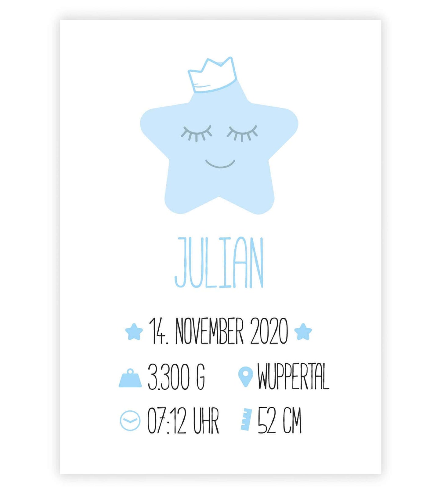 Personalisiertes Babyposter “Geburtsanzeige Stern” in weiß/blau, Bildgröße: 13x18cm, DIN A4, DIN A3, Bilderrahmen: Ohne Bilderrahmen, Copyright: 321geschenke.de
