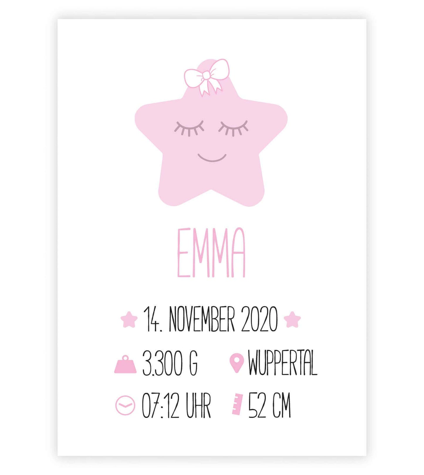 Personalisiertes Babyposter “Geburtsanzeige Stern” in weiß/rosa, Bildgröße: 13x18cm, DIN A4, DIN A3, Bilderrahmen: Ohne Bilderrahmen, Copyright: 321geschenke.de