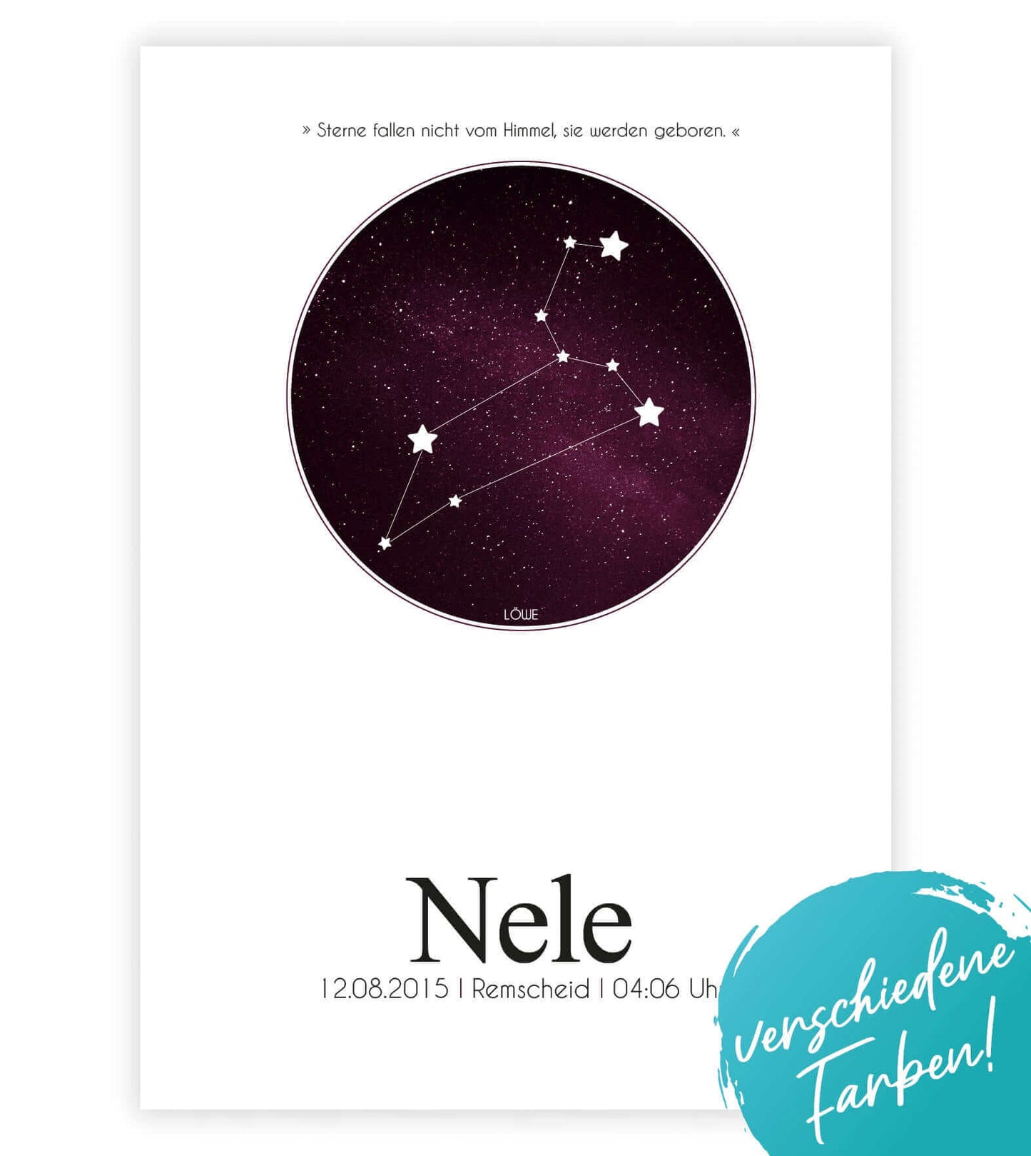 Personalisiertes Bild “Sternzeichen”, Bildfarbe: Anthrazit/Schwarz, Gelb, Grün, Magenta, Blau, Bildgröße: 13x18cm, DIN A4, DIN A3, Bilderrahmen: Ohne Bilderrahmen, Bilderrahmen weiß ohne Passepartout, Bilderrahmen schwarz ohne Passepartout,Copyright: 321geschenke.de