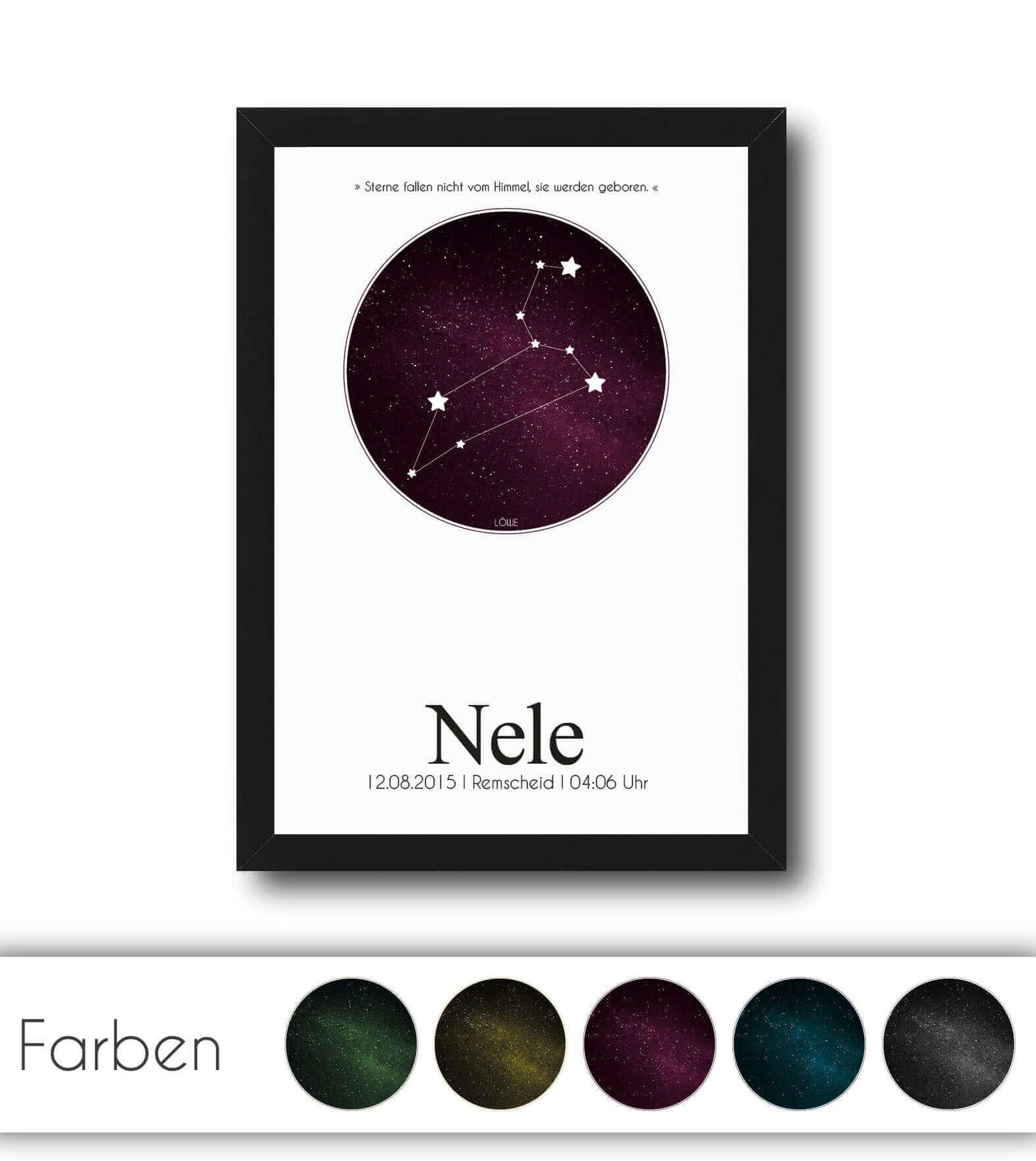 Personalisiertes Bild “Sternzeichen”, Bildfarbe: Anthrazit/Schwarz, Gelb, Grün, Magenta, Blau, Bildgröße: 13x18cm, DIN A4, DIN A3, Bilderrahmen: Ohne Bilderrahmen, Bilderrahmen weiß ohne Passepartout, Bilderrahmen schwarz ohne Passepartout,Copyright: 321geschenke.de