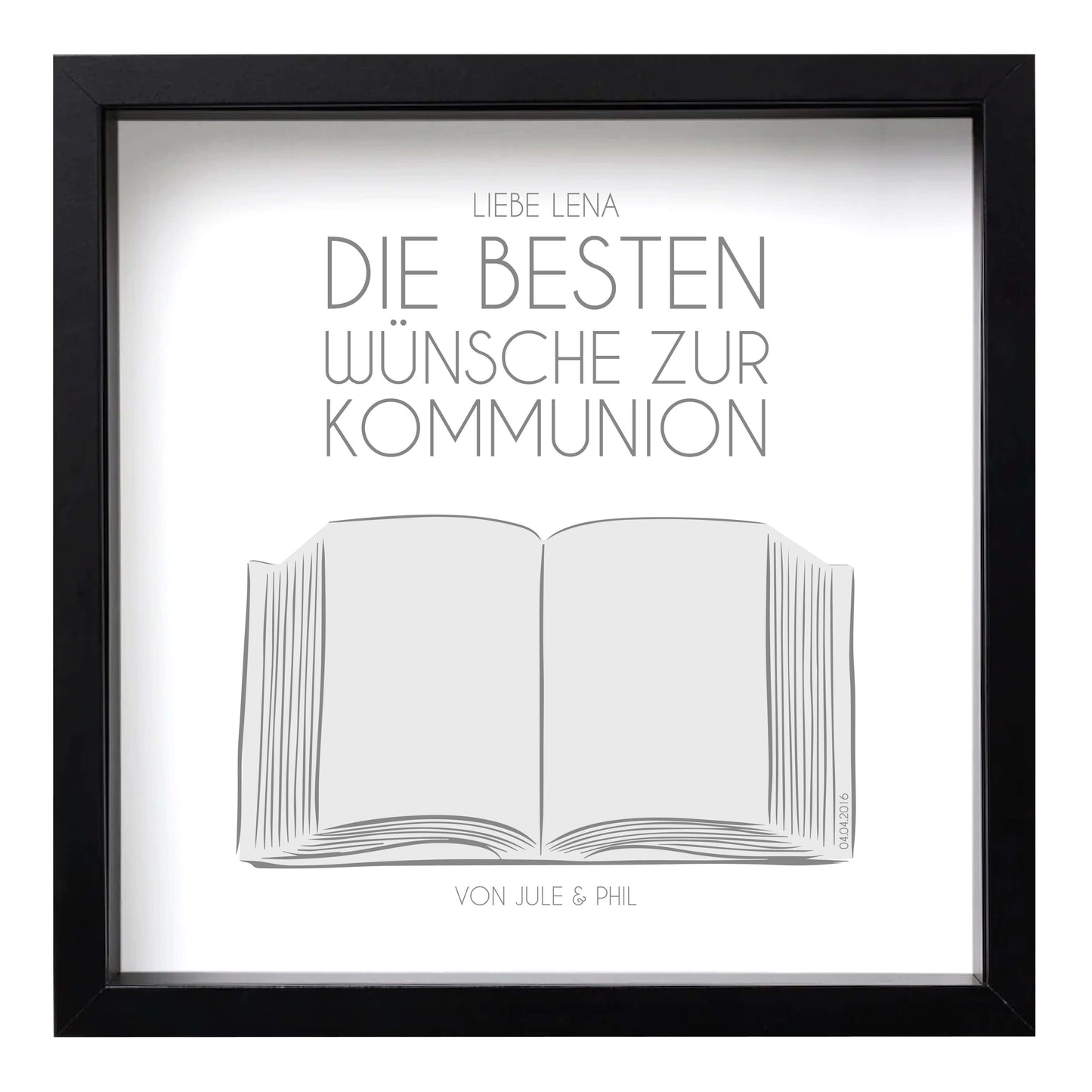 Personalisiertes Bild zur „Kommunion / Konfirmation / Firmung”, viereckig 25x25cm, mit Rahmen schwarz 27x27cm, ohne Passepartout