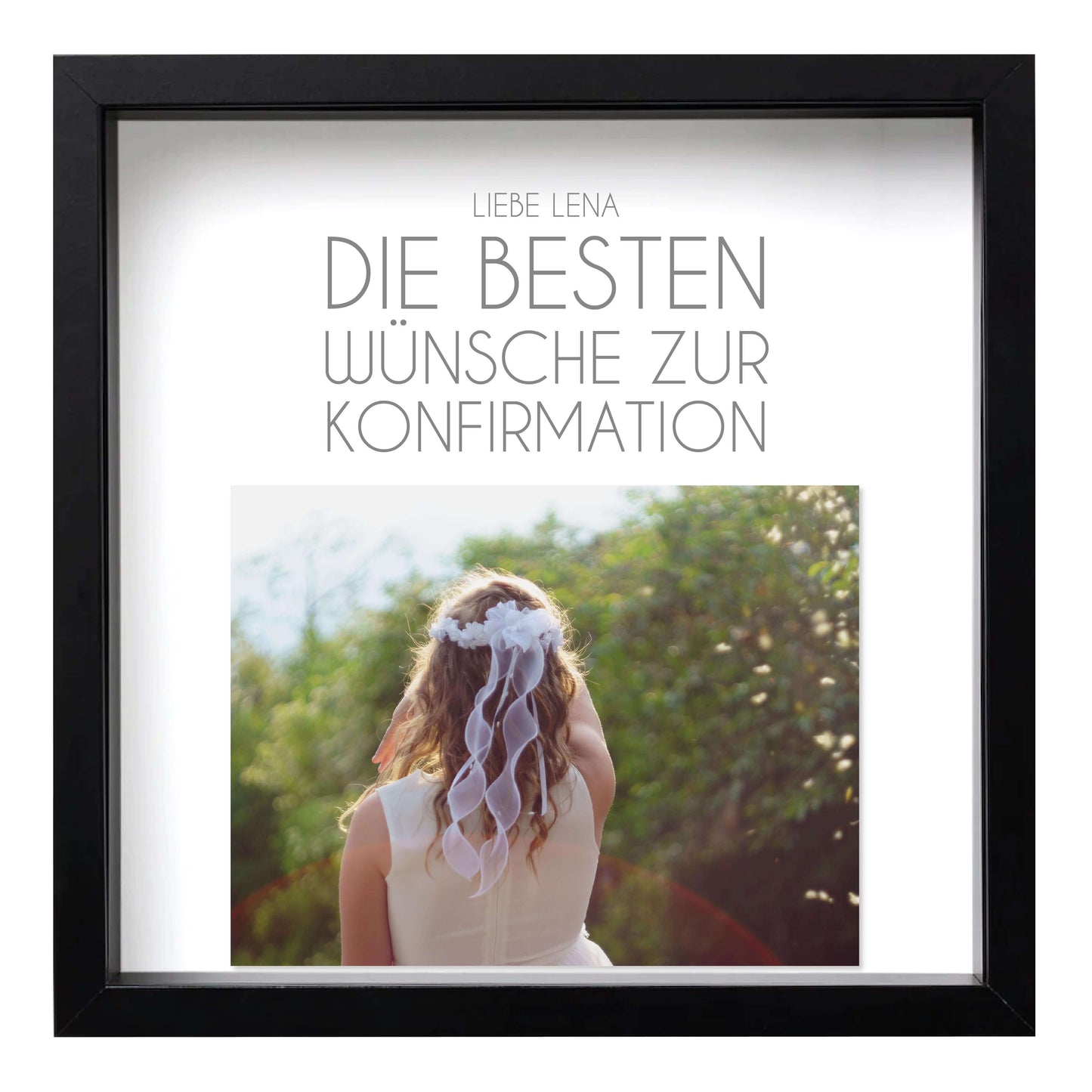 Personalisiertes Bild zur „Kommunion / Konfirmation / Firmung”, viereckig 25x25cm, mit Rahmen schwarz 27x27cm, ohne Passepartout, Anwendungsbeispiel