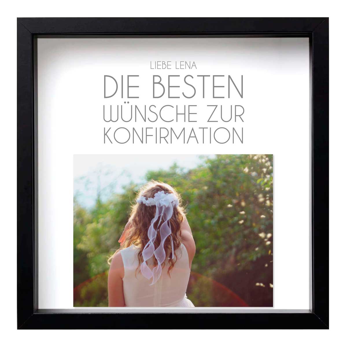 Personalisiertes Bild zur „Kommunion / Konfirmation / Firmung”, viereckig 25x25cm, mit Rahmen schwarz 27x27cm, ohne Passepartout, Anwendungsbeispiel