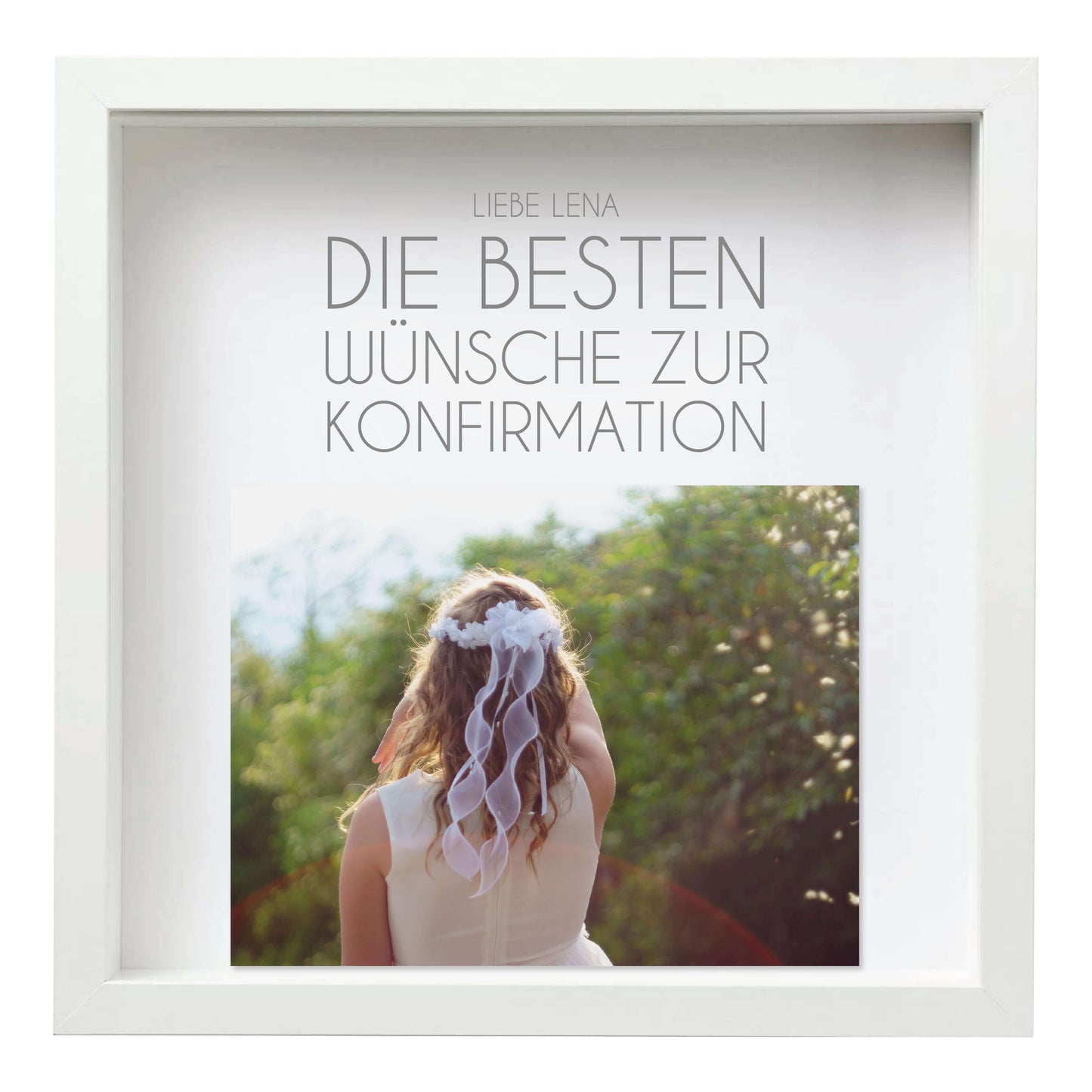 Personalisiertes Bild zur „Kommunion / Konfirmation / Firmung”, viereckig 25x25cm, mit Rahmen weiß 27x27cm, ohne Passepartout, Anwendungsbeispiel