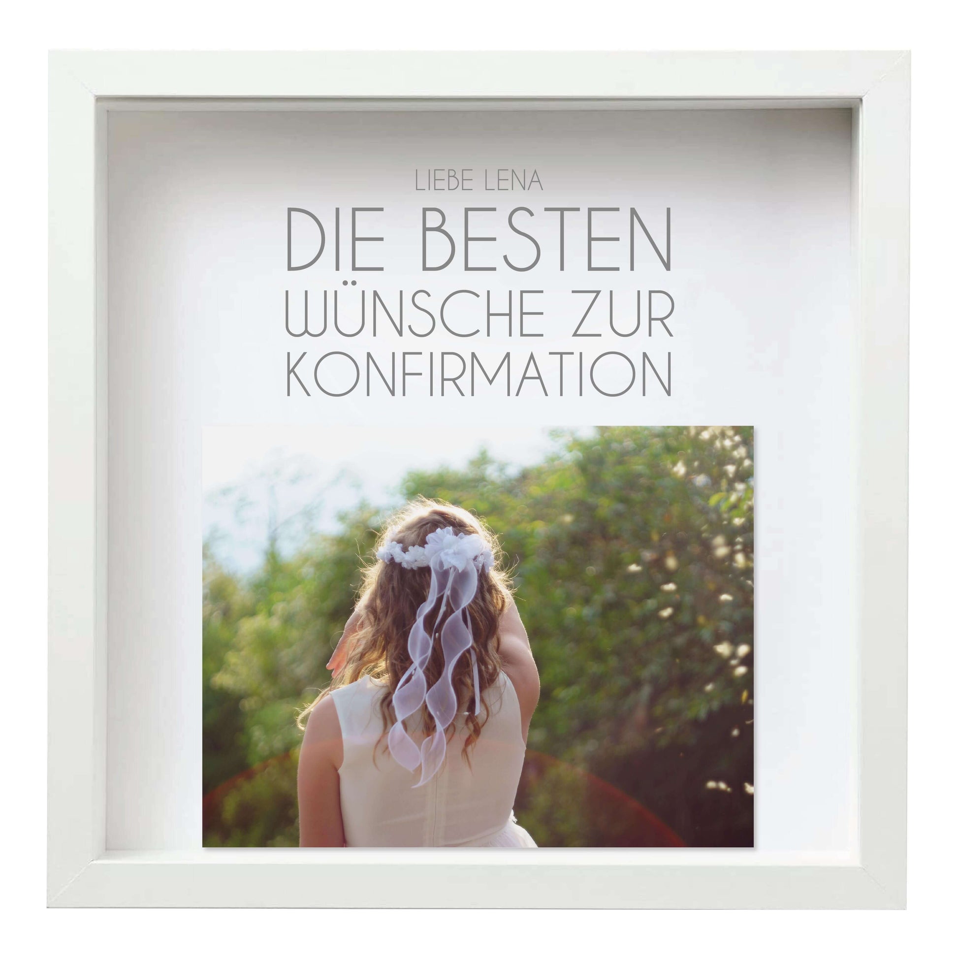 Personalisiertes Bild zur „Kommunion / Konfirmation / Firmung”, viereckig 25x25cm, mit Rahmen weiß 27x27cm, ohne Passepartout, Anwendungsbeispiel