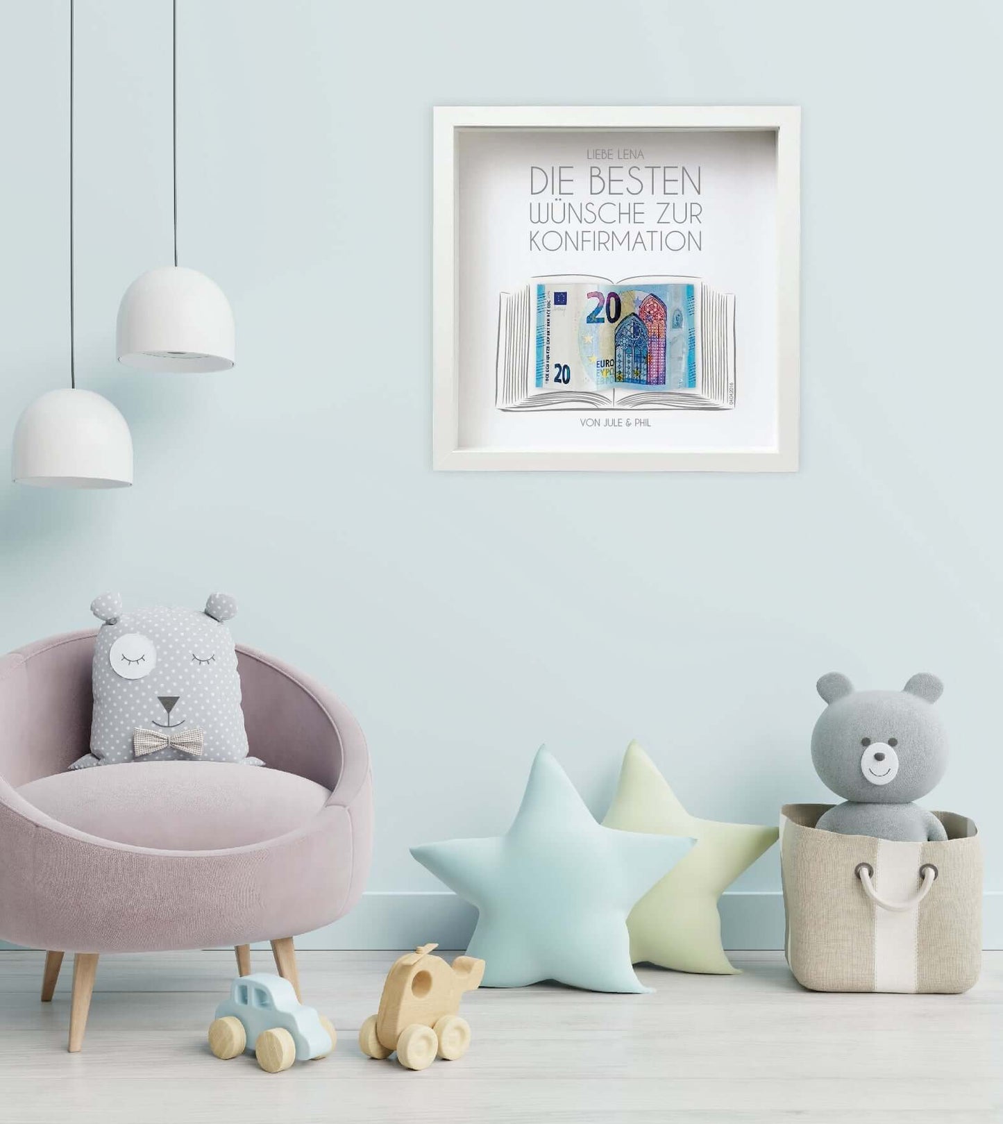 Anwendungsbild_Personalisiertes Bild zur „Kommunion / Konfirmation / Firmung”, viereckig 25x25cm, mit Rahmen weiß 27x27cm, Bilderrahmen ohne Passepartout, Copyright: 321geschenke.de