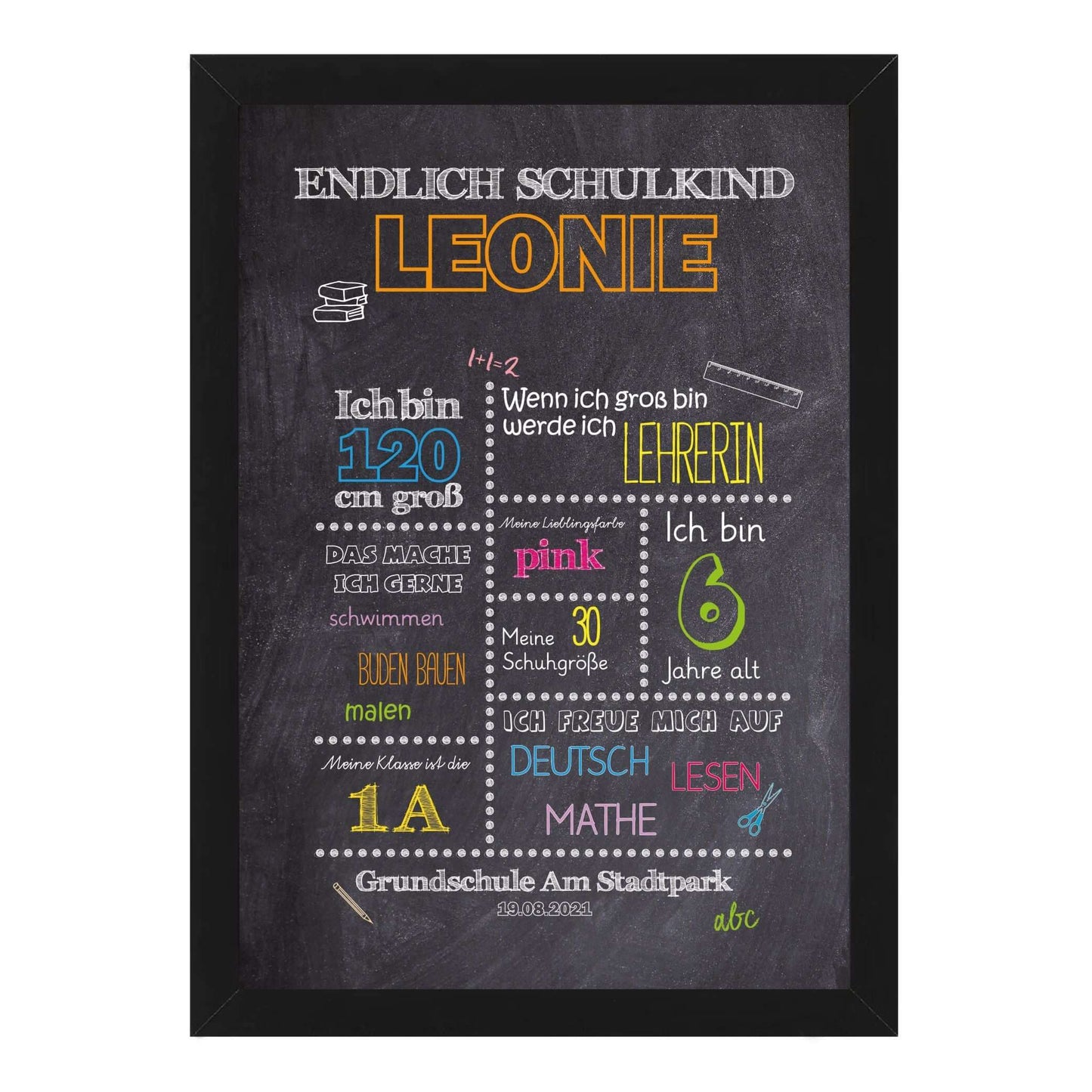 Personalisiertes Bild „Einschulung” Meilensteinposter BUNT, Bildgröße: 13x18cm, DIN A4, DIN A3, Bilderrahmen: Bilderrahmen schwarz ohne Passepartout, Copyright: 321geschenke.de