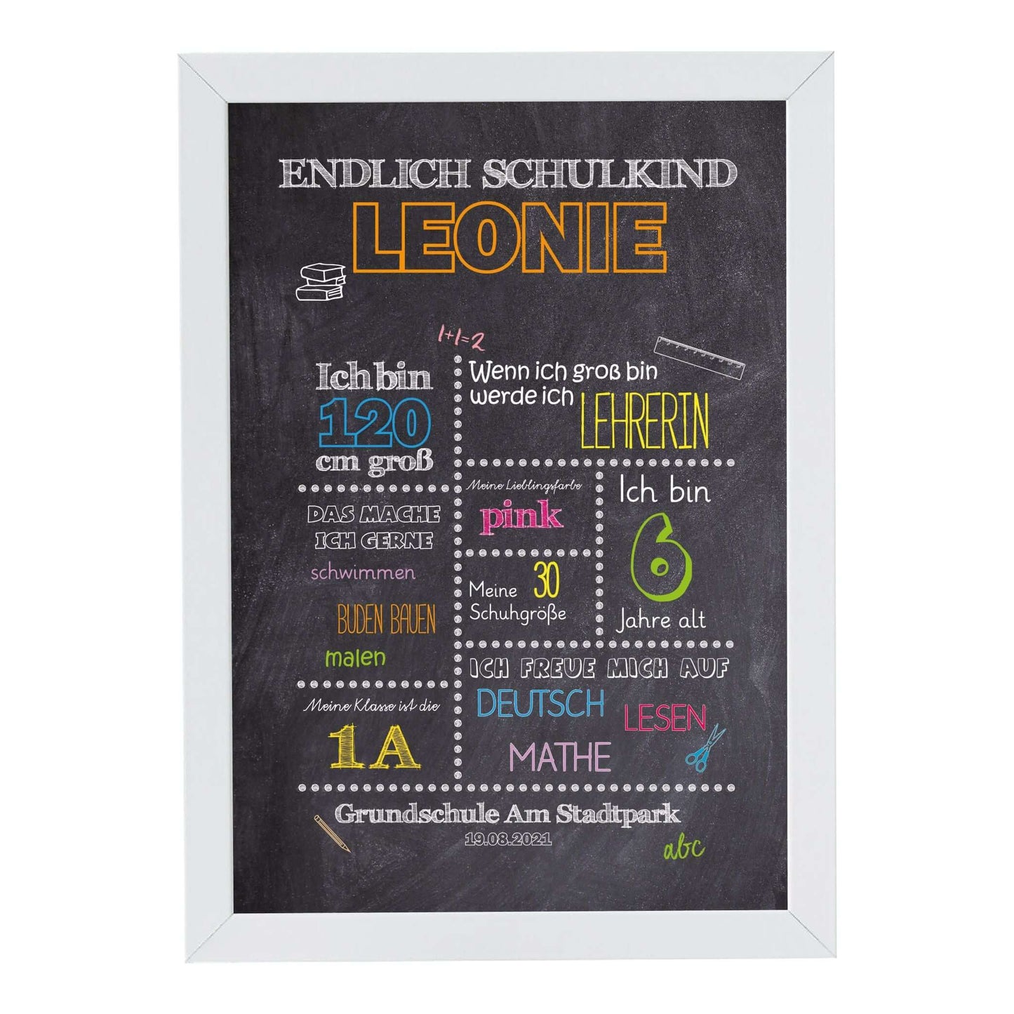 Personalisiertes Bild „Einschulung” Meilensteinposter BUNT, Bildgröße: 13x18cm, DIN A4, DIN A3, Bilderrahmen: Bilderrahmen weiß ohne Passepartout, Copyright: 321geschenke.de