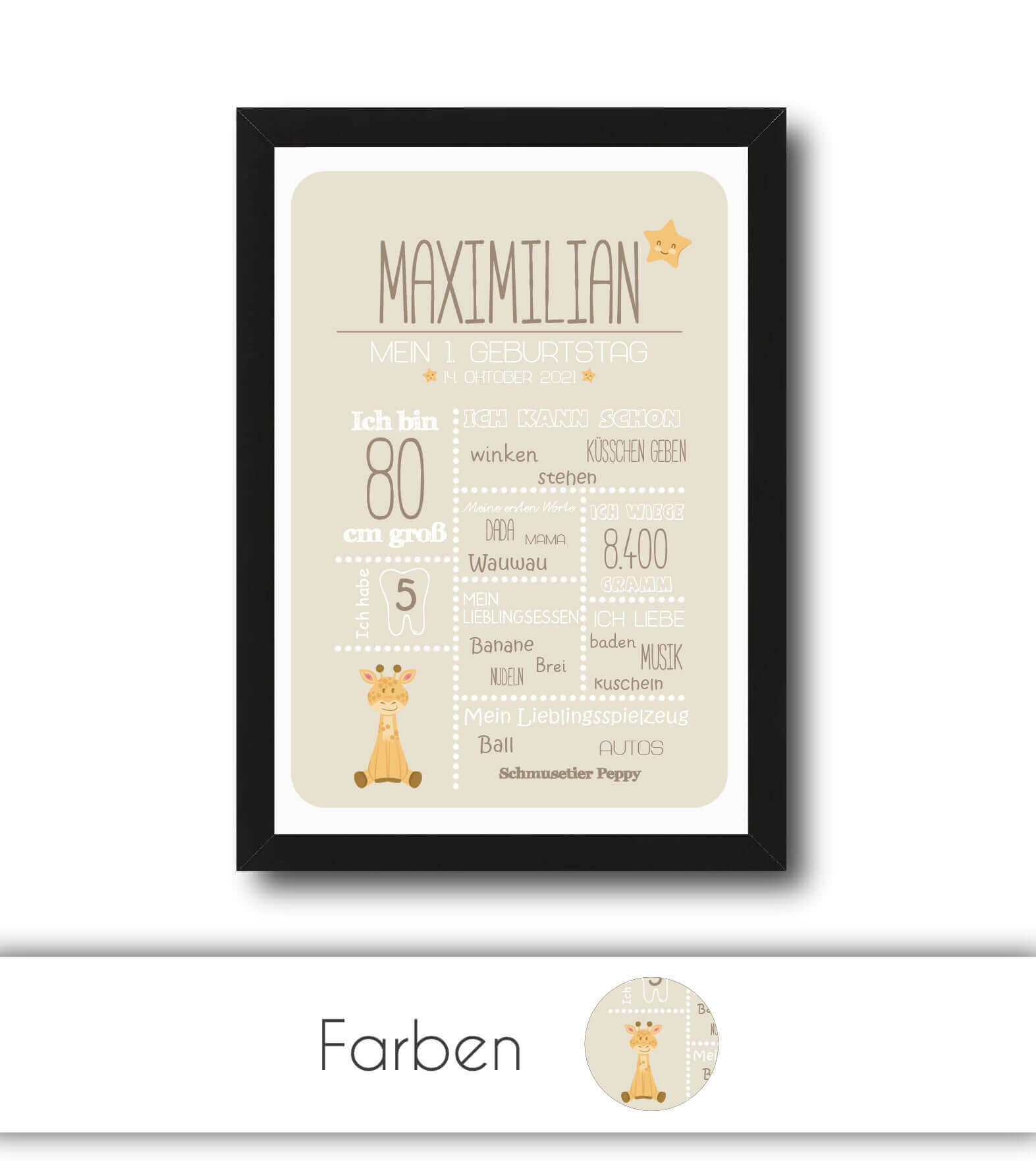 Personalisiertes Bild „1. Geburtstag” Meilensteinposter, Bildgröße: 13x18cm, DIN A4, DIN A3, Bilderrahmen: Ohne Bilderrahmen, Bilderrahmen weiß ohne Passepartout, Bilderrahmen schwarz ohne Passepartout, Copyright: 321geschenke.de