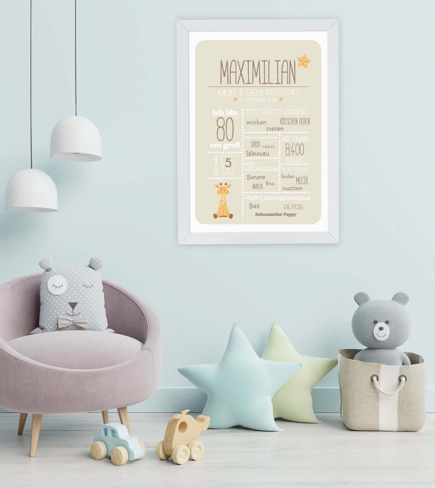Anwendungsbild_Personalisiertes Bild „1. Geburtstag” Meilensteinposter, Bildgröße: 13x18cm, DIN A4, DIN A3, Bilderrahmen: Ohne Bilderrahmen, Bilderrahmen weiß ohne Passepartout, Bilderrahmen schwarz ohne Passepartout, Copyright: 321geschenke.de