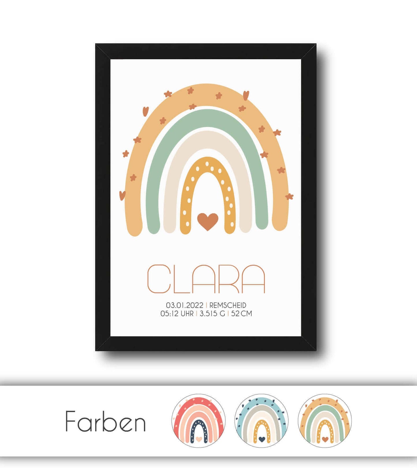 Personalisiertes Babyposter “Regenbogen” rosa, blau oder natur, Bildgröße: 13x18cm, DIN A4, DIN A3, Bilderrahmen: Ohne Bilderrahmen, Bilderrahmen weiß ohne Passepartout, Bilderrahmen schwarz ohne Passepartout, Bilderrahmen weiß mit Passepartout, Bilderrahmen schwarz mit Passepartout, Copyright: 321geschenke.de