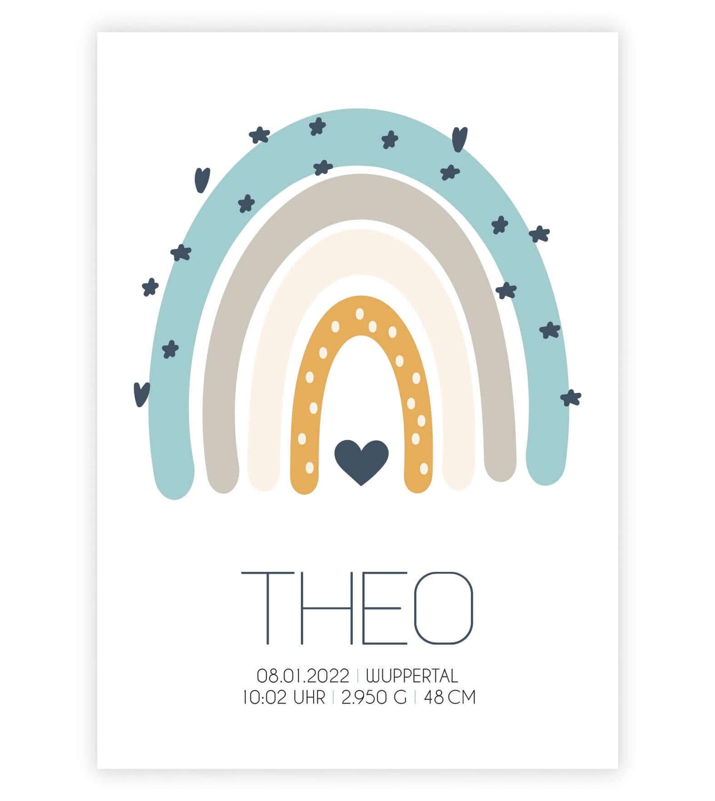 Personalisiertes Babyposter “Regenbogen” blau, Bildgröße: 13x18cm, DIN A4, DIN A3, Bilderrahmen: Ohne Bilderrahmen, Copyright: 321geschenke.de