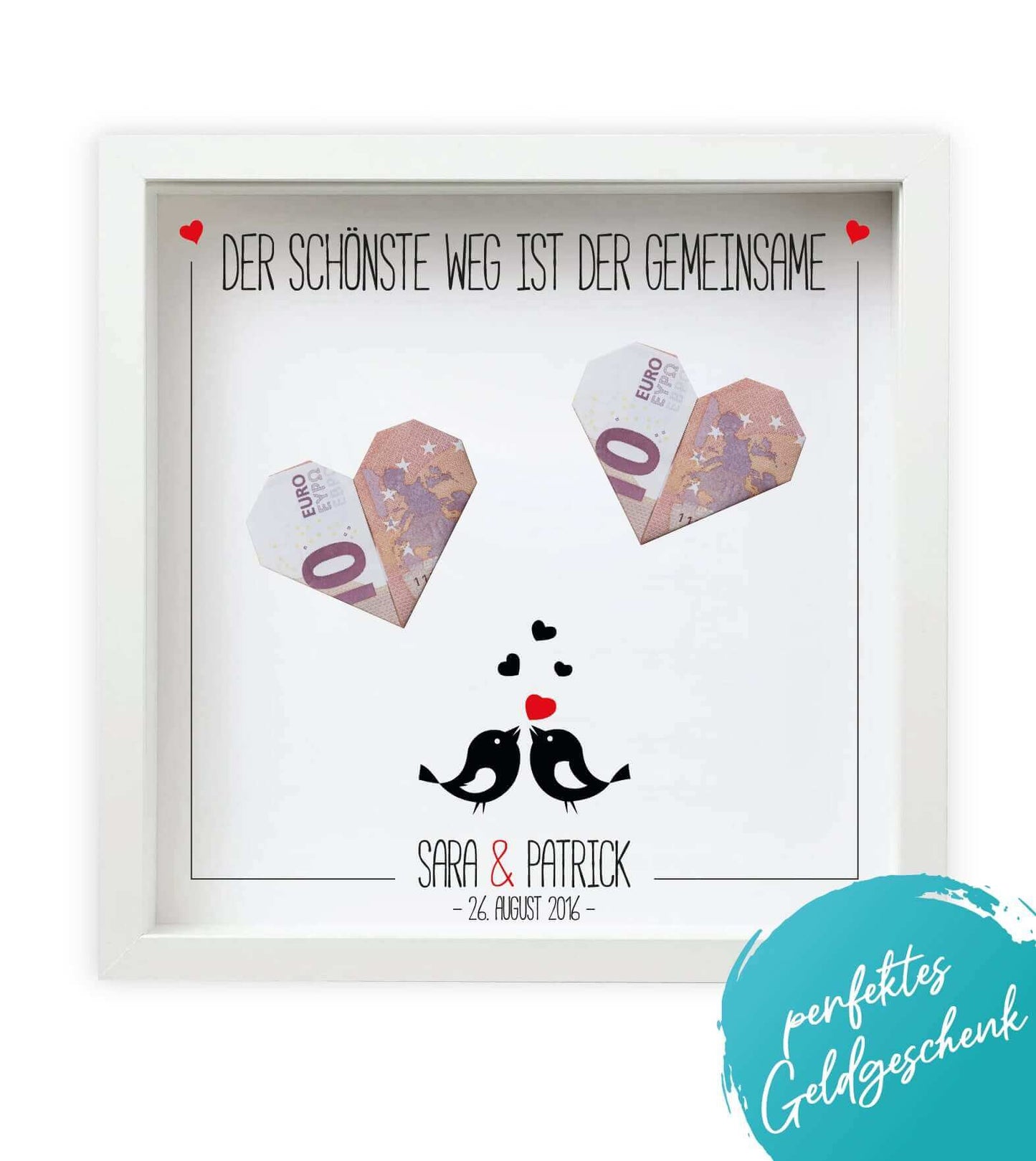 Personalisiertes Bild „Geldgeschenk” Vogelpaar, Bildgröße: 25x25cm, Bilderrahmen: Ohne Bilderrahmen, Bilderrahmen weiß ohne Passepartout, Bilderrahmen schwarz ohne Passepartout, Copyright: 321geschenke.de