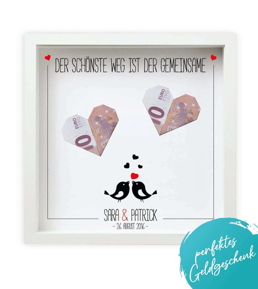 Personalisiertes Bild „Geldgeschenk” Vogelpaar, Bildgröße: 25x25cm, Bilderrahmen: Ohne Bilderrahmen, Bilderrahmen weiß ohne Passepartout, Bilderrahmen schwarz ohne Passepartout, Copyright: 321geschenke.de
