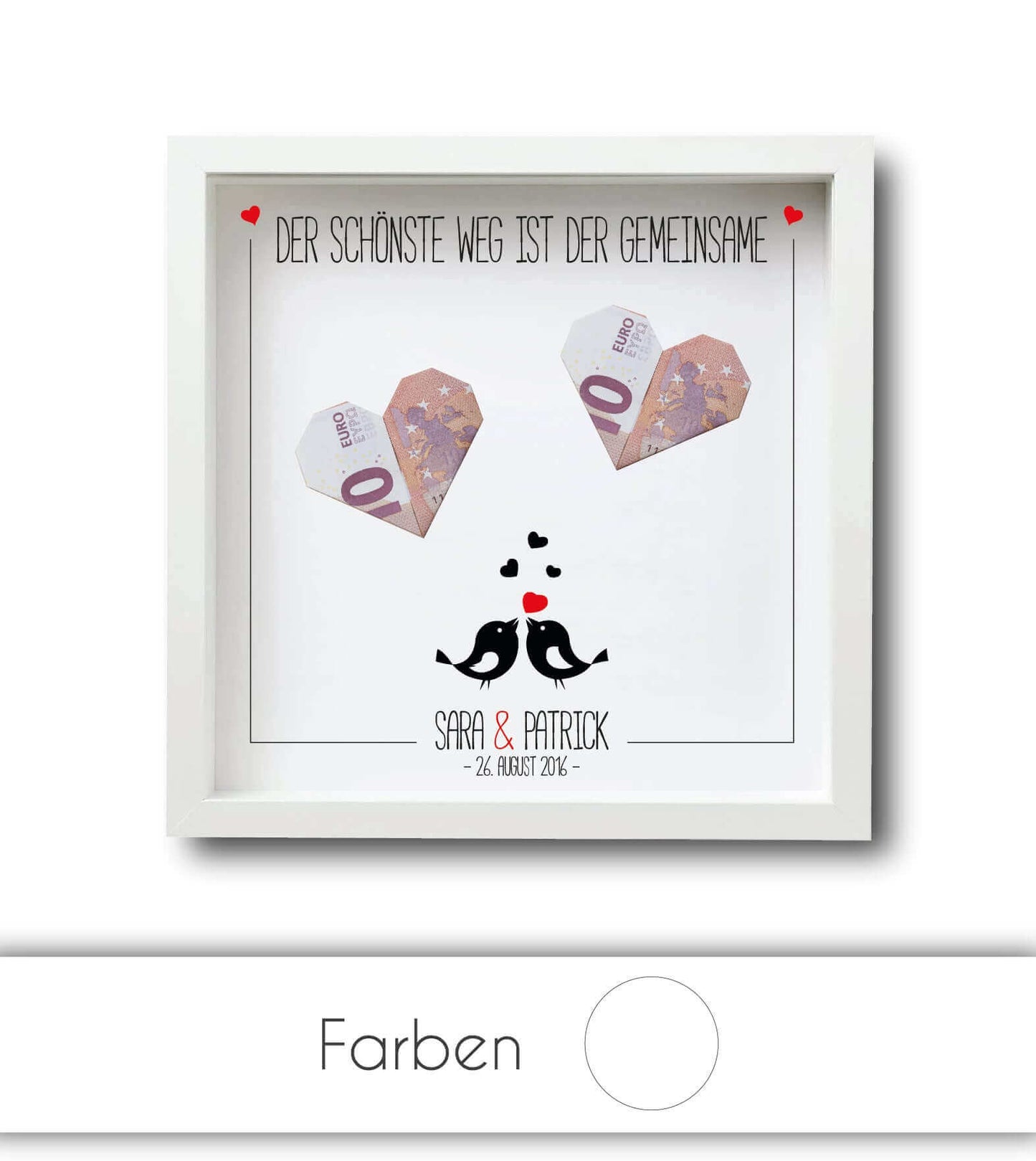 Personalisiertes Bild „Geldgeschenk” Vogelpaar, Bildgröße: 25x25cm, Bilderrahmen: Ohne Bilderrahmen, Bilderrahmen weiß ohne Passepartout, Bilderrahmen schwarz ohne Passepartout, Copyright: 321geschenke.de
