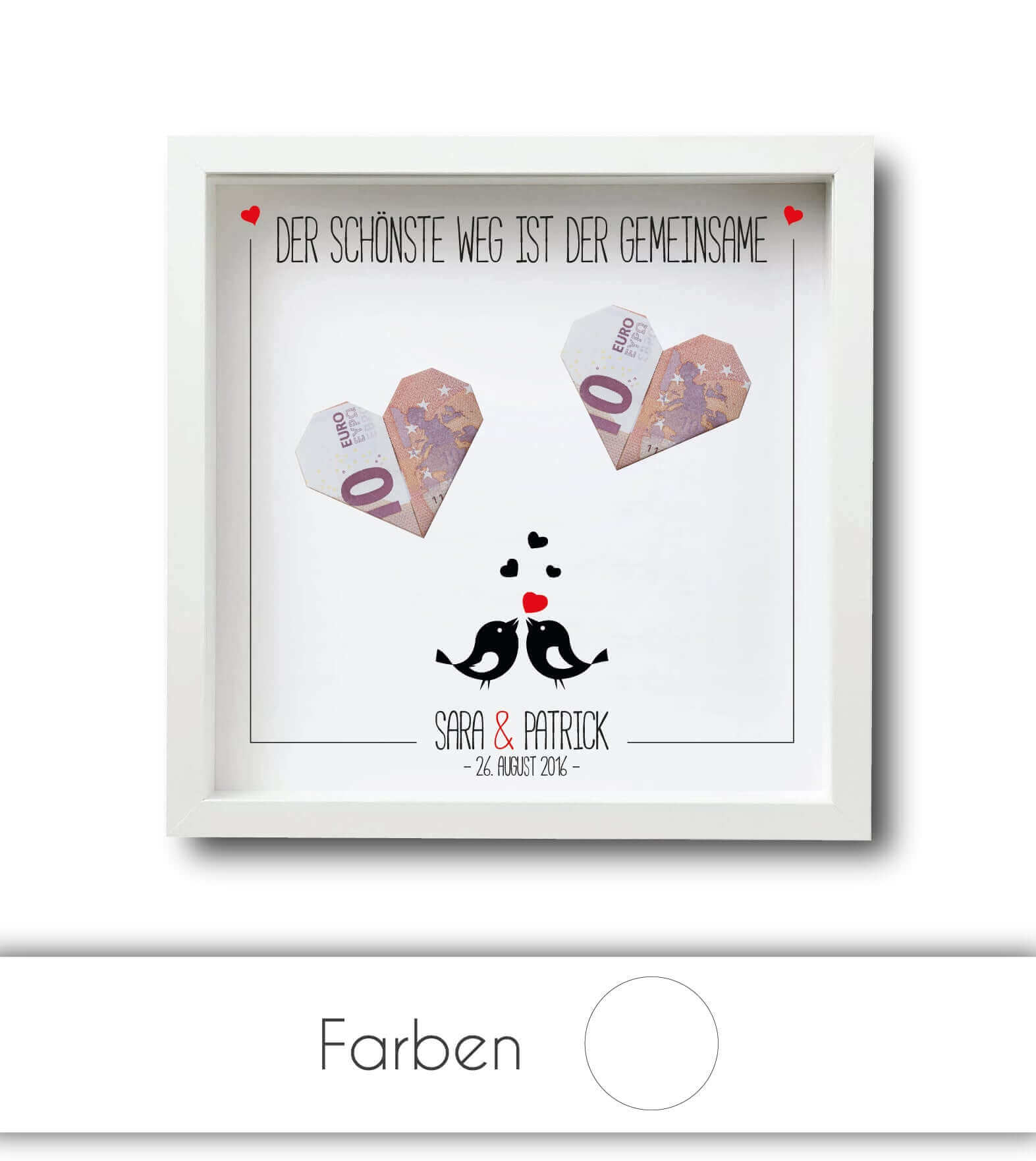 Personalisiertes Bild „Geldgeschenk” Vogelpaar, Bildgröße: 25x25cm, Bilderrahmen: Ohne Bilderrahmen, Bilderrahmen weiß ohne Passepartout, Bilderrahmen schwarz ohne Passepartout, Copyright: 321geschenke.de