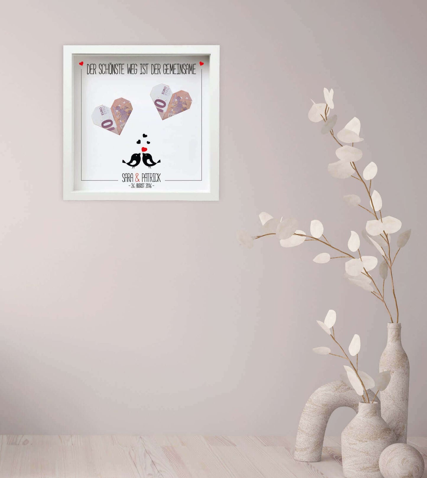 Personalisiertes Bild „Geldgeschenk” Vogelpaar, Bildgröße: 25x25cm, Bilderrahmen: Ohne Bilderrahmen, Bilderrahmen weiß ohne Passepartout, Bilderrahmen schwarz ohne Passepartout, Copyright: 321geschenke.de