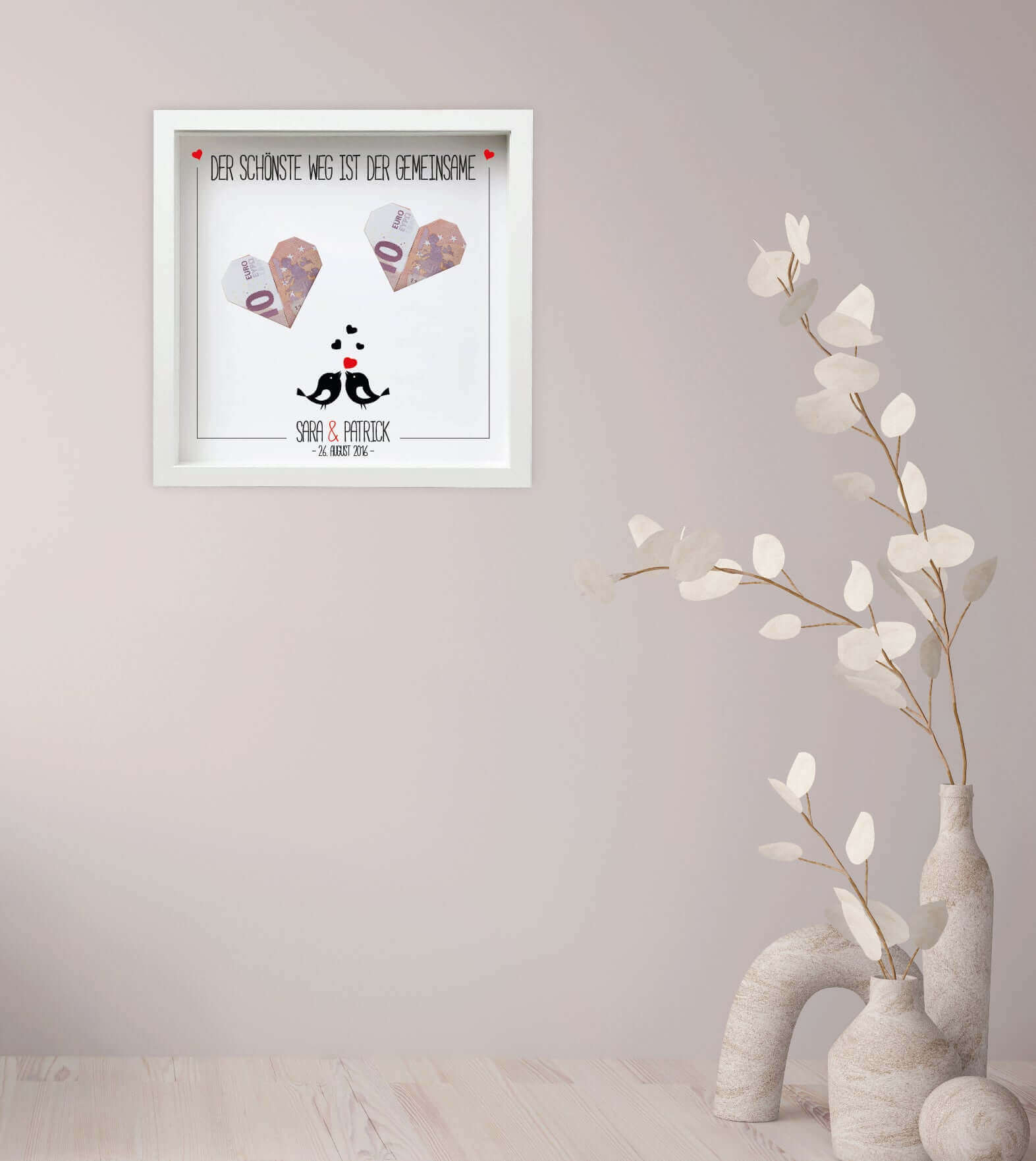 Personalisiertes Bild „Geldgeschenk” Vogelpaar, Bildgröße: 25x25cm, Bilderrahmen: Ohne Bilderrahmen, Bilderrahmen weiß ohne Passepartout, Bilderrahmen schwarz ohne Passepartout, Copyright: 321geschenke.de