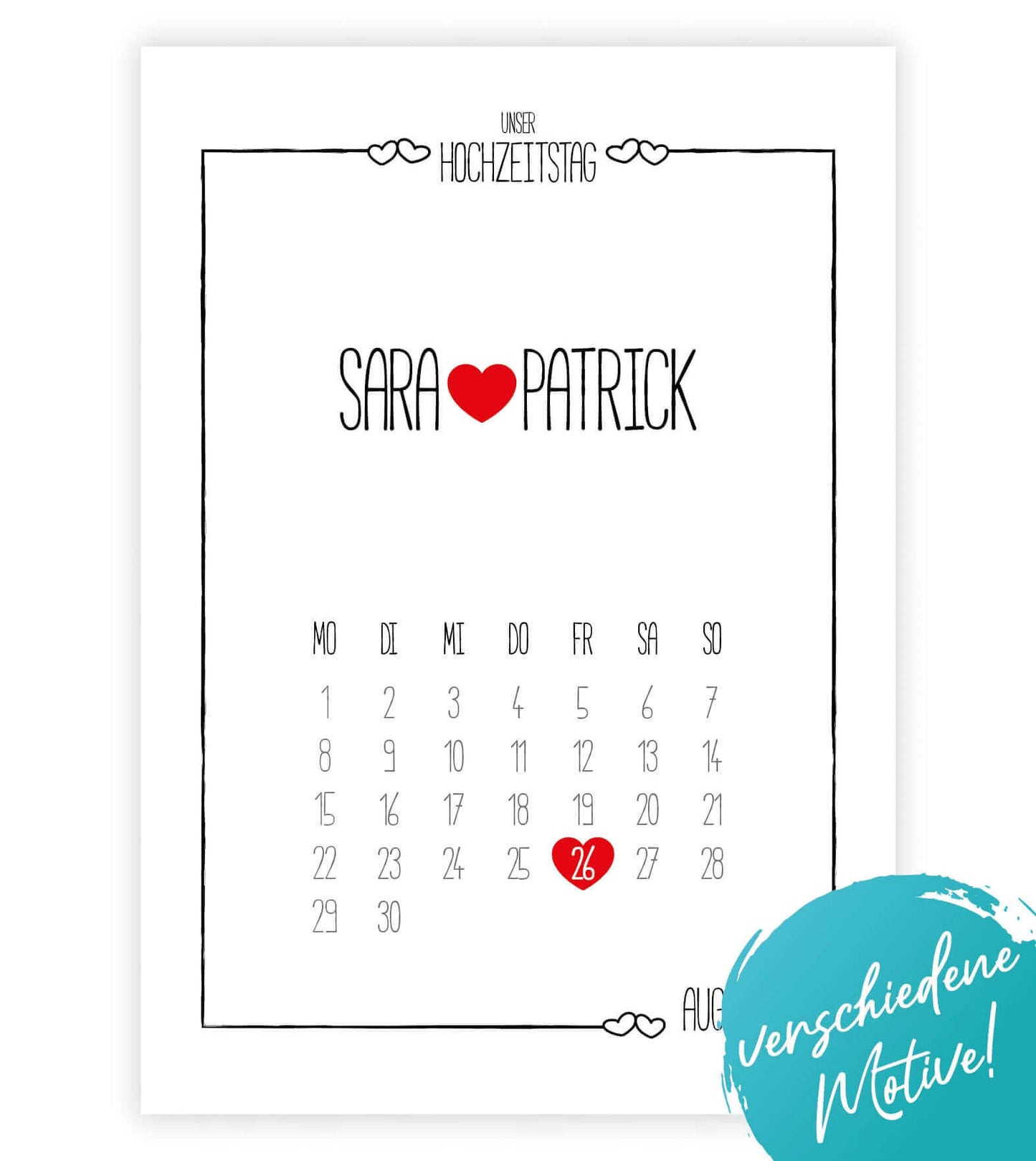 Personalisiertes Bild „Hochzeitstag” Kalender mit Datum, Variante: Variante 1, Variante 2, Variante 3, Bildgröße: 13x18cm, DIN A4, DIN A3, Bilderrahmen: Ohne Bilderrahmen, Bilderrahmen weiß ohne Passepartout, Bilderrahmen schwarz ohne Passepartout, Bilderrahmen weiß mit Passepartout, Bilderrahmen schwarz mit Passepartout, Copyright: 321geschenke.de