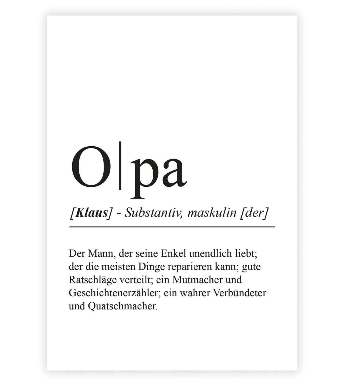 Personalisiertes Bild “Definition OPA”, Bildfarbe: Weiß, Bildgröße: 13x18cm, DIN A4, DIN A3, Bilderrahmen: Ohne Bilderrahmen, Bilderrahmen weiß ohne Passepartout, Bilderrahmen schwarz ohne Passepartout, Bilderrahmen weiß mit Passepartout, Bilderrahmen schwarz mit Passepartout, Copyright:321geschenke.de