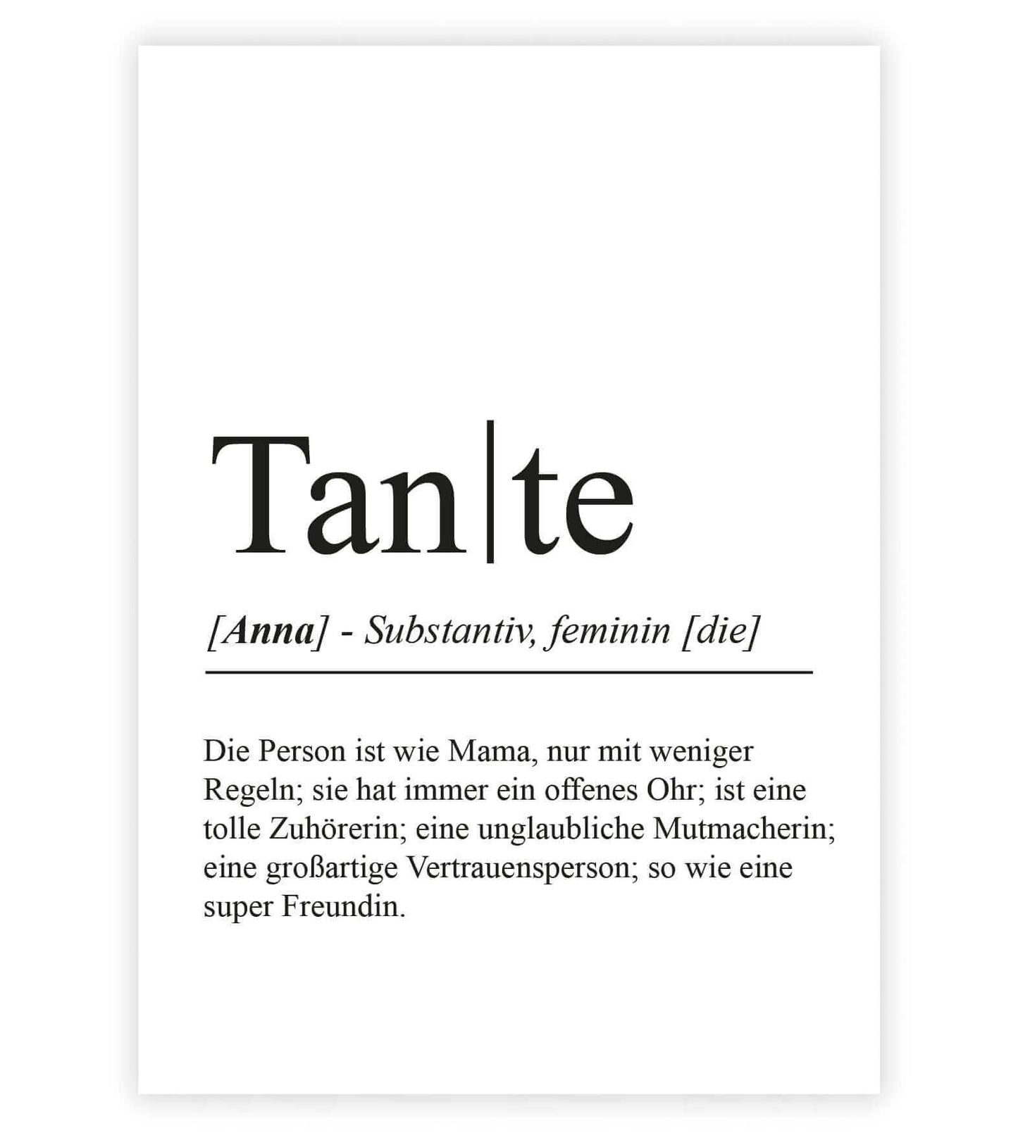 Personalisiertes Bild “Definition TANTE”, Bildfarbe: Weiß, Bildgröße: 13x18cm, DIN A4, DIN A3, Bilderrahmen: Ohne Bilderrahmen, Bilderrahmen weiß ohne Passepartout, Bilderrahmen schwarz ohne Passepartout, Bilderrahmen weiß mit Passepartout, Bilderrahmen schwarz mit Passepartout, Copyright:321geschenke.de