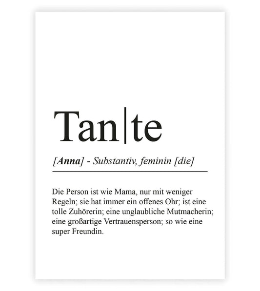 Personalisiertes Bild “Definition TANTE”, Bildfarbe: Weiß, Bildgröße: 13x18cm, DIN A4, DIN A3, Bilderrahmen: Ohne Bilderrahmen, Bilderrahmen weiß ohne Passepartout, Bilderrahmen schwarz ohne Passepartout, Bilderrahmen weiß mit Passepartout, Bilderrahmen schwarz mit Passepartout, Copyright:321geschenke.de