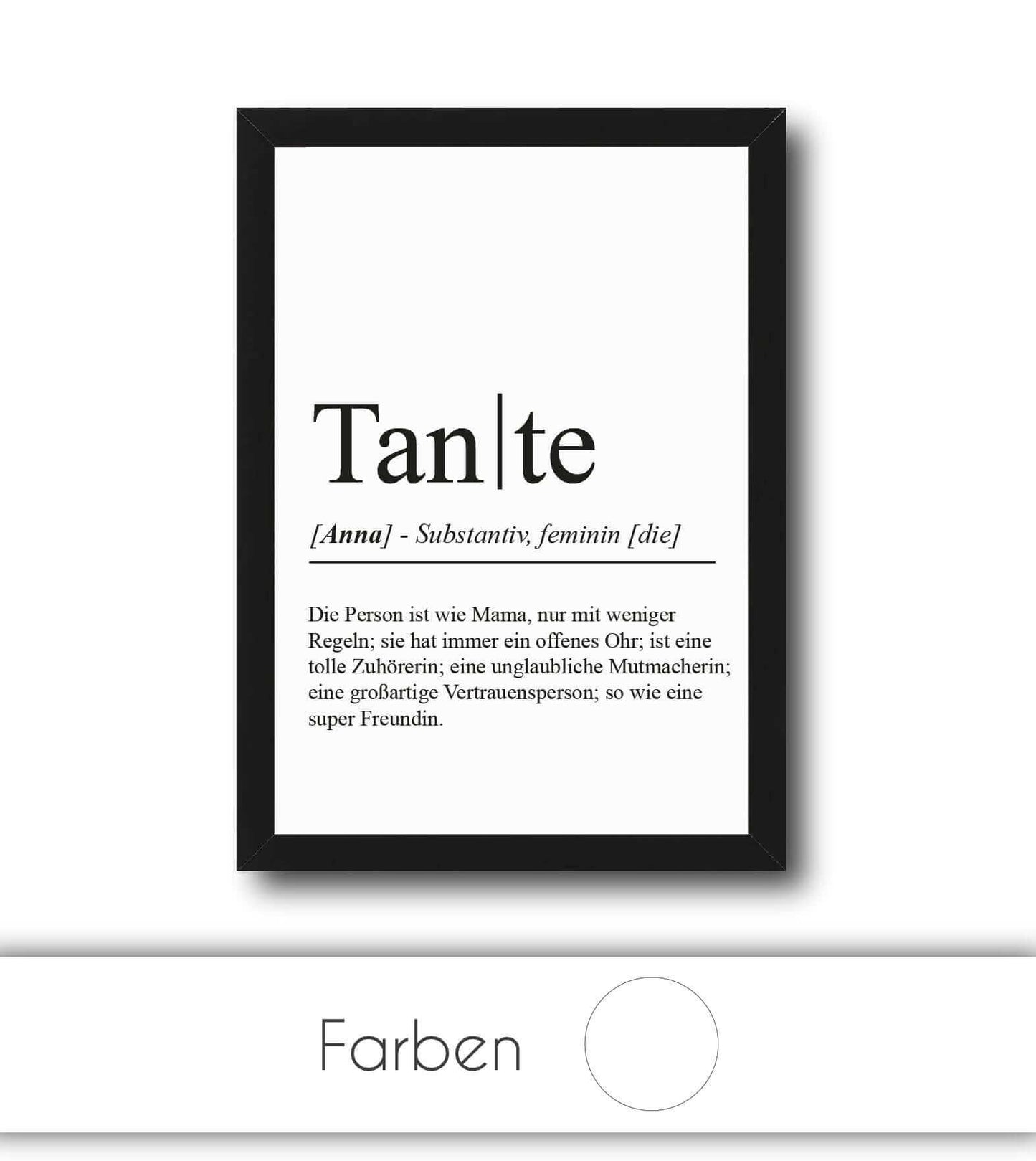 Personalisiertes Bild “Definition TANTE”, Bildfarbe: Weiß, Bildgröße: 13x18cm, DIN A4, DIN A3, Bilderrahmen: Ohne Bilderrahmen, Bilderrahmen weiß ohne Passepartout, Bilderrahmen schwarz ohne Passepartout, Bilderrahmen weiß mit Passepartout, Bilderrahmen schwarz mit Passepartout, Copyright:321geschenke.de