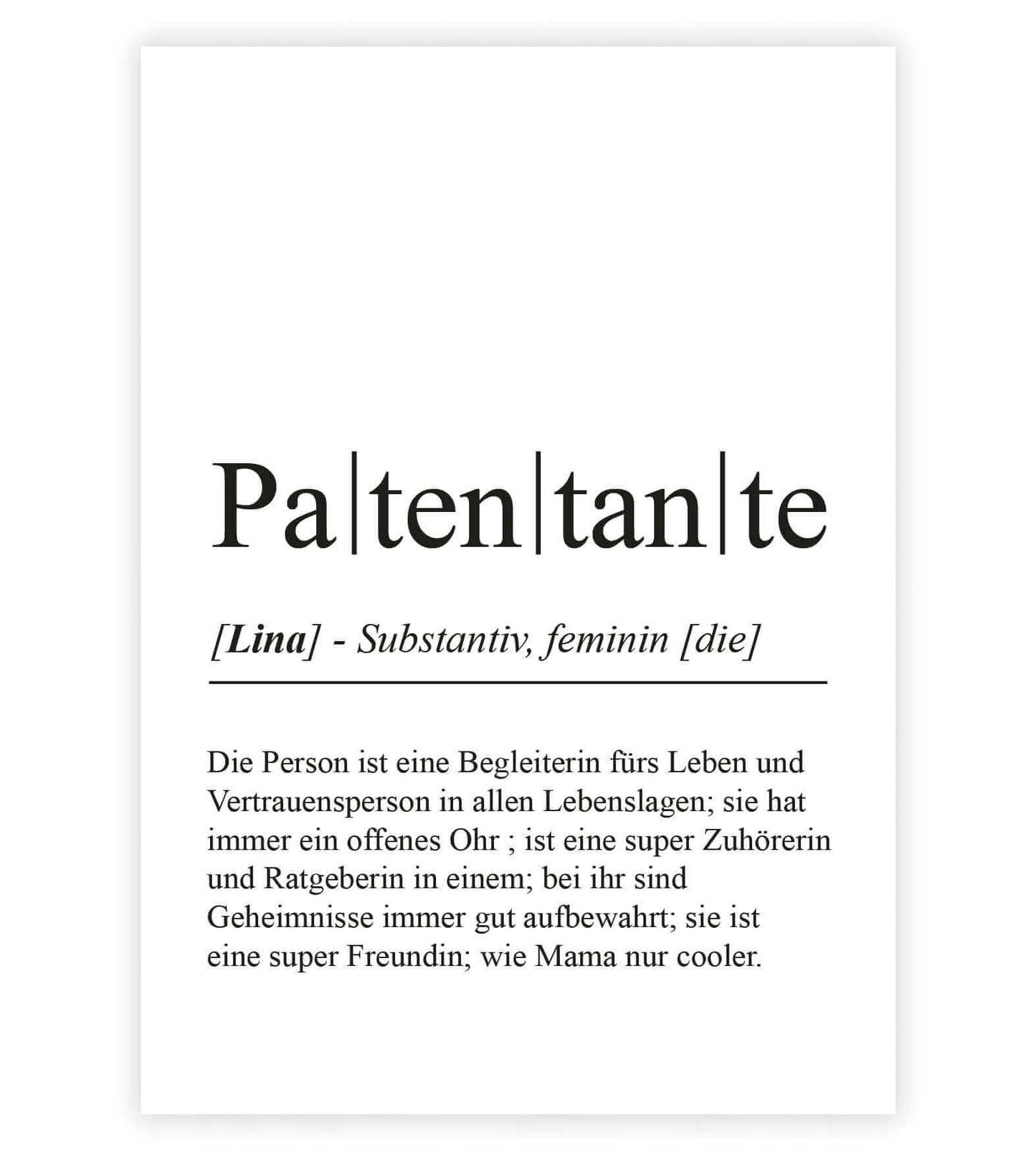 Personalisiertes Bild “Definition PATENTANTE”, Bildfarbe: Weiß, Bildgröße: 13x18cm, DIN A4, DIN A3, Bilderrahmen: Ohne Bilderrahmen, Bilderrahmen weiß ohne Passepartout, Bilderrahmen schwarz ohne Passepartout, Bilderrahmen weiß mit Passepartout, Bilderrahmen schwarz mit Passepartout, Copyright:321geschenke.de