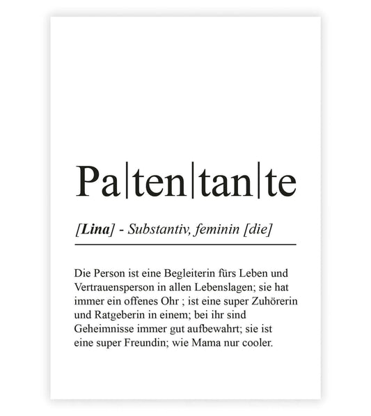 Personalisiertes Bild “Definition PATENTANTE”, Bildfarbe: Weiß, Bildgröße: 13x18cm, DIN A4, DIN A3, Bilderrahmen: Ohne Bilderrahmen, Bilderrahmen weiß ohne Passepartout, Bilderrahmen schwarz ohne Passepartout, Bilderrahmen weiß mit Passepartout, Bilderrahmen schwarz mit Passepartout, Copyright:321geschenke.de