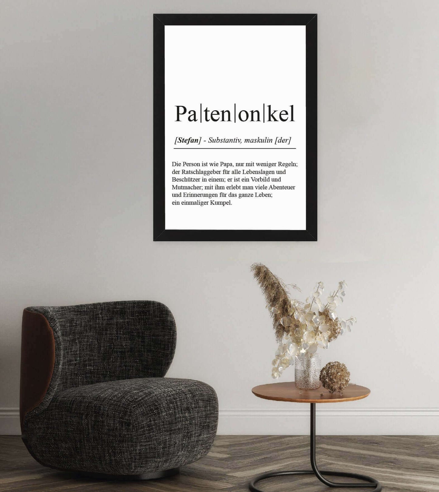 Anwendungsbild_Personalisiertes Bild “Definition PATENONKEL”, Bildfarbe: Weiß, Bildgröße: 13x18cm, DIN A4, DIN A3, Bilderrahmen: Ohne Bilderrahmen, Bilderrahmen weiß ohne Passepartout, Bilderrahmen schwarz ohne Passepartout, Bilderrahmen weiß mit Passepar